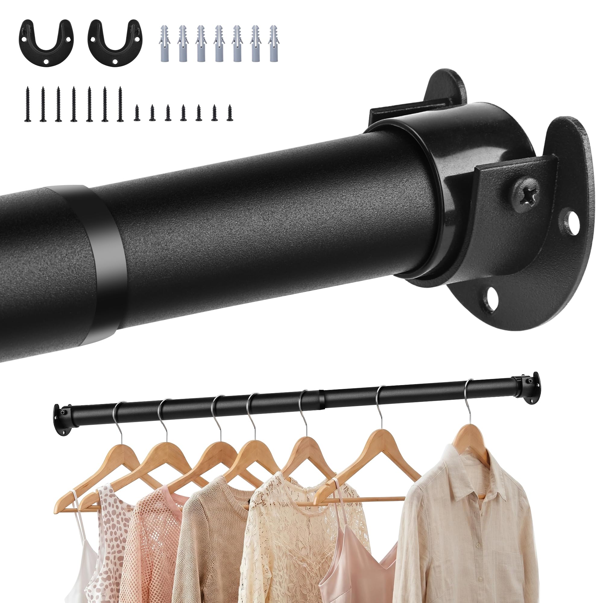 Wardrobe Rail,Extendable Clothes Rails, Stainless Steel adjustable wardrobe pole with Fixing Sockets and Screws for Wardrobe and Cupboard, Closet,Cloakroom, Black, 43-100cm(Diameter 32mm)