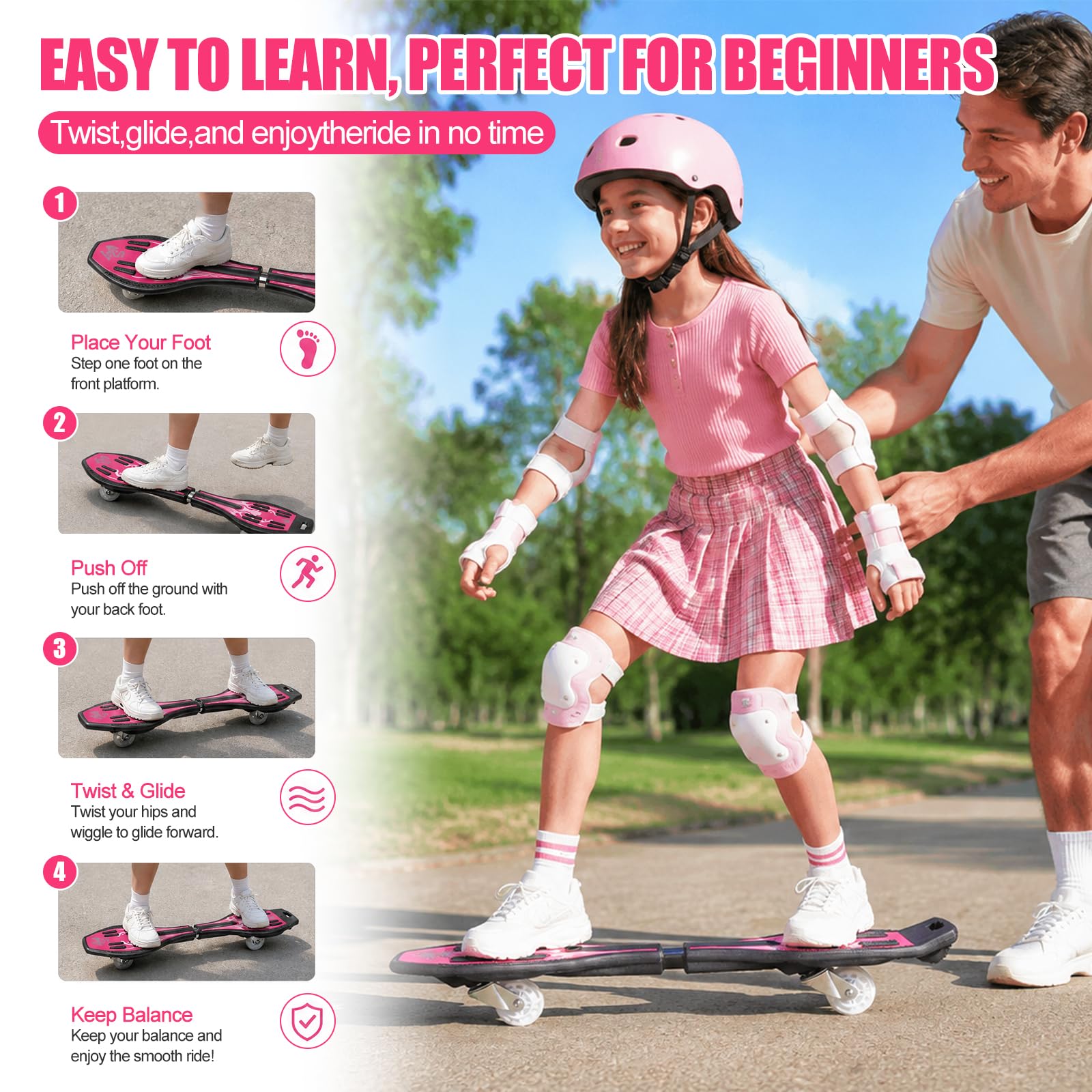 Waveboard Snakeboard Kinder LED Rollen, Caster Board | Anti-Rutsch-Oberfläche, 180° Drehung, leicht Robust aus ABS, für Kinder Erwachsene, Fördert Balance & Koordination