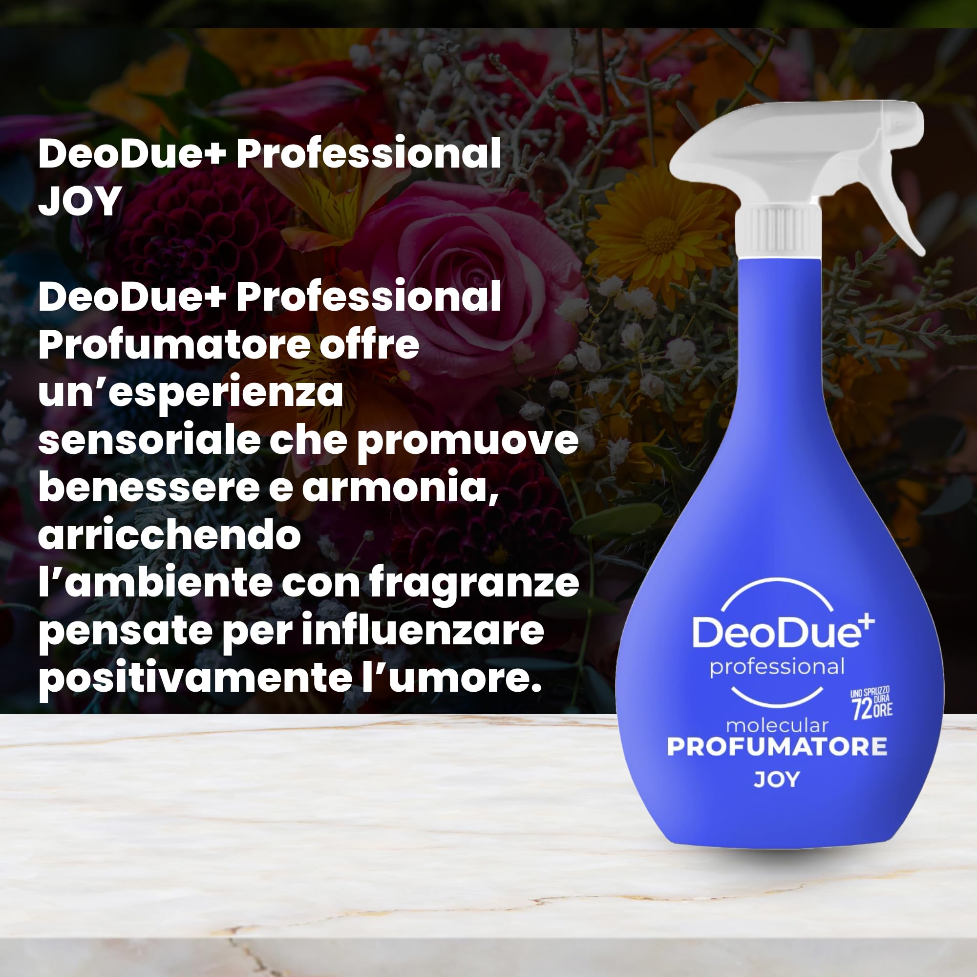 DeoDue+ Professional Joy 6 x 600 ml – Ambientador bifásico, cada espray dura hasta 72 horas y neutraliza los malos olores – Notas florales y frescas