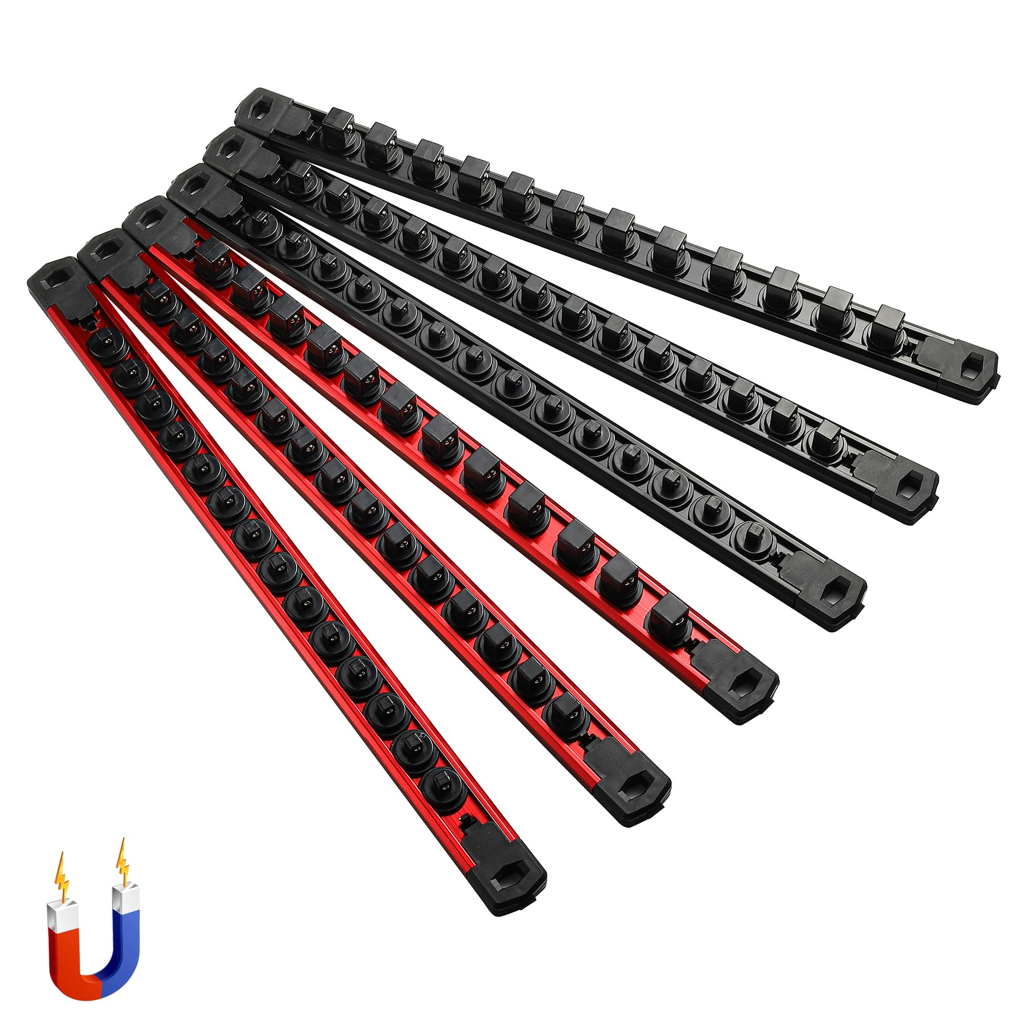 ALOANES 6-Piece Magnetic Socket Organizer, Heavy Duty Aluminum Rails With 360 Swivel Clips Holder Kit for Tool Box, 1/2, 3/8, 1/4-Inch x 80 Clips (Red