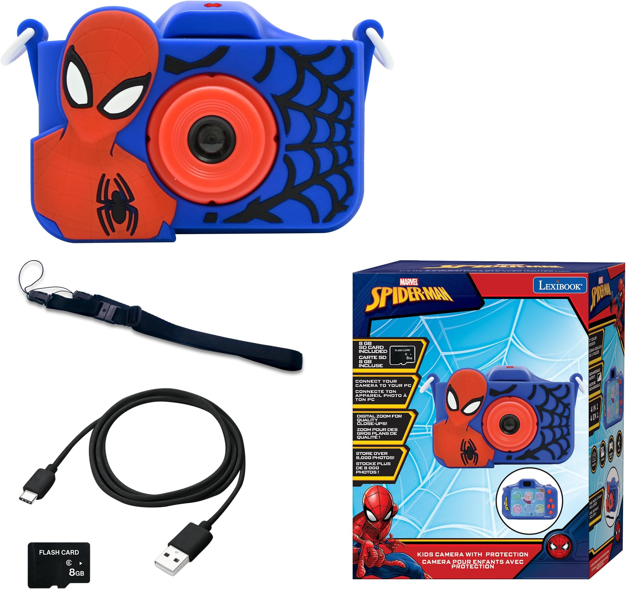 Lexibook, Spider-Man, 4-in-1 camera for children with protection, Photo, video, MP3 and game functions, 15 frames to personalise your photos, 8 GB memory card included, DJ078SP
