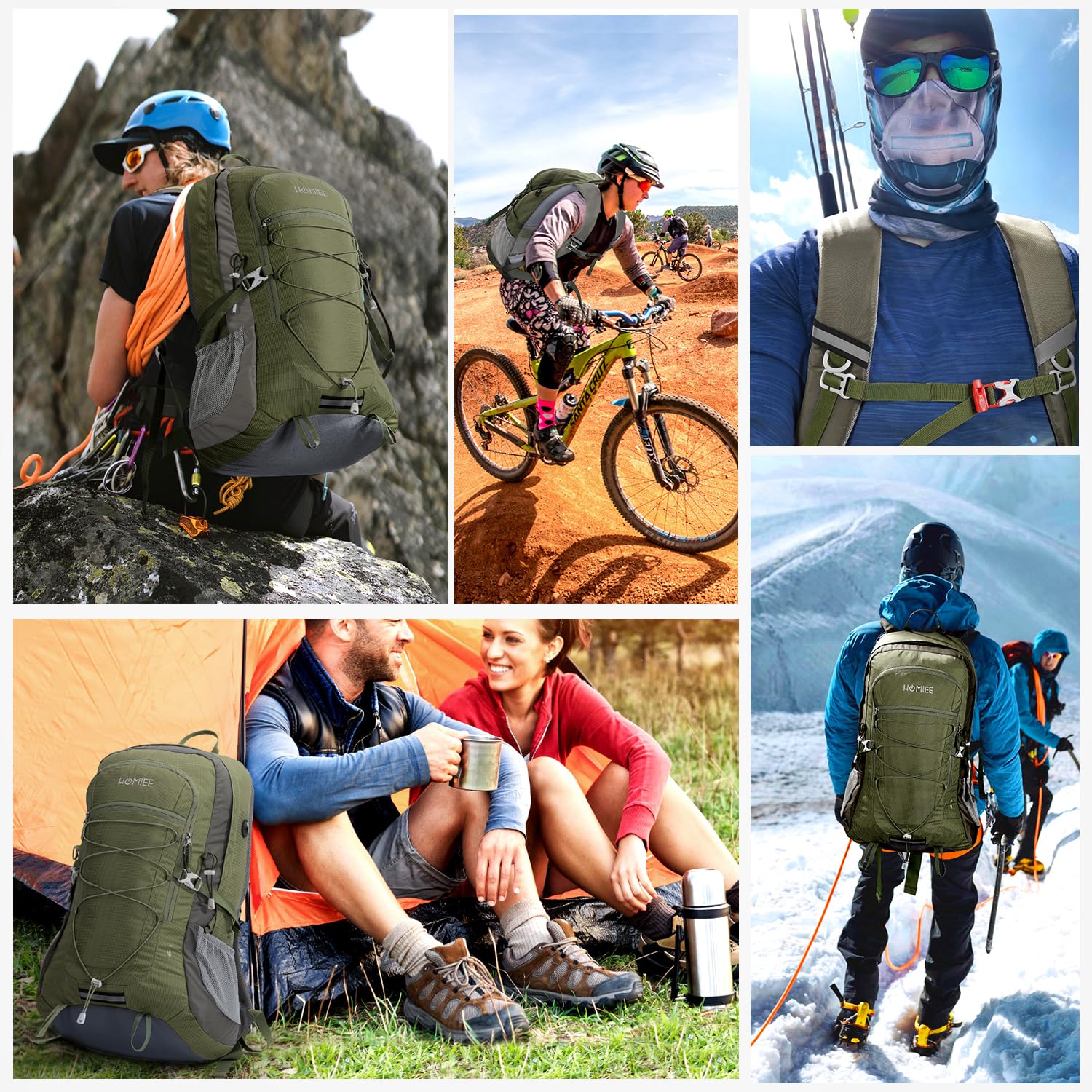 HOMIEE Plecak trekkingowy 45 litrów, wodoodporny, plecak turystyczny do wspinaczki górskiej, wielofunkcyjny plecak kempingowy do jazdy na nartach sportowych, podróżnych, dla kobiet i mężczyzn, Zielony