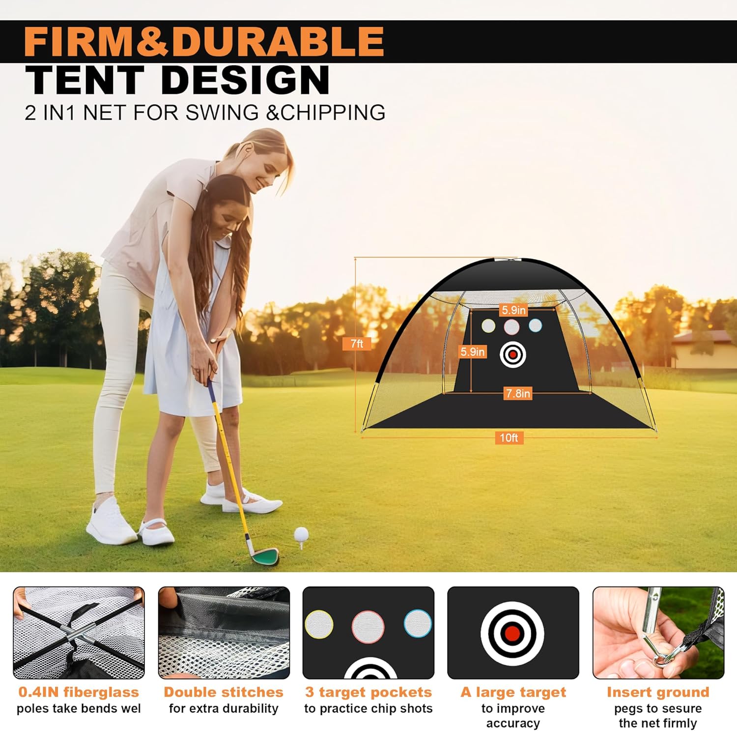Golf Net, 10x7ft All in 1 Golf Practice Net with Golf Mat, Impact Target, 10 Golf Balls, 1 Golf Tees, 1 Carry Bag, Golf Net for Backyard Driving Chipping Indoor
