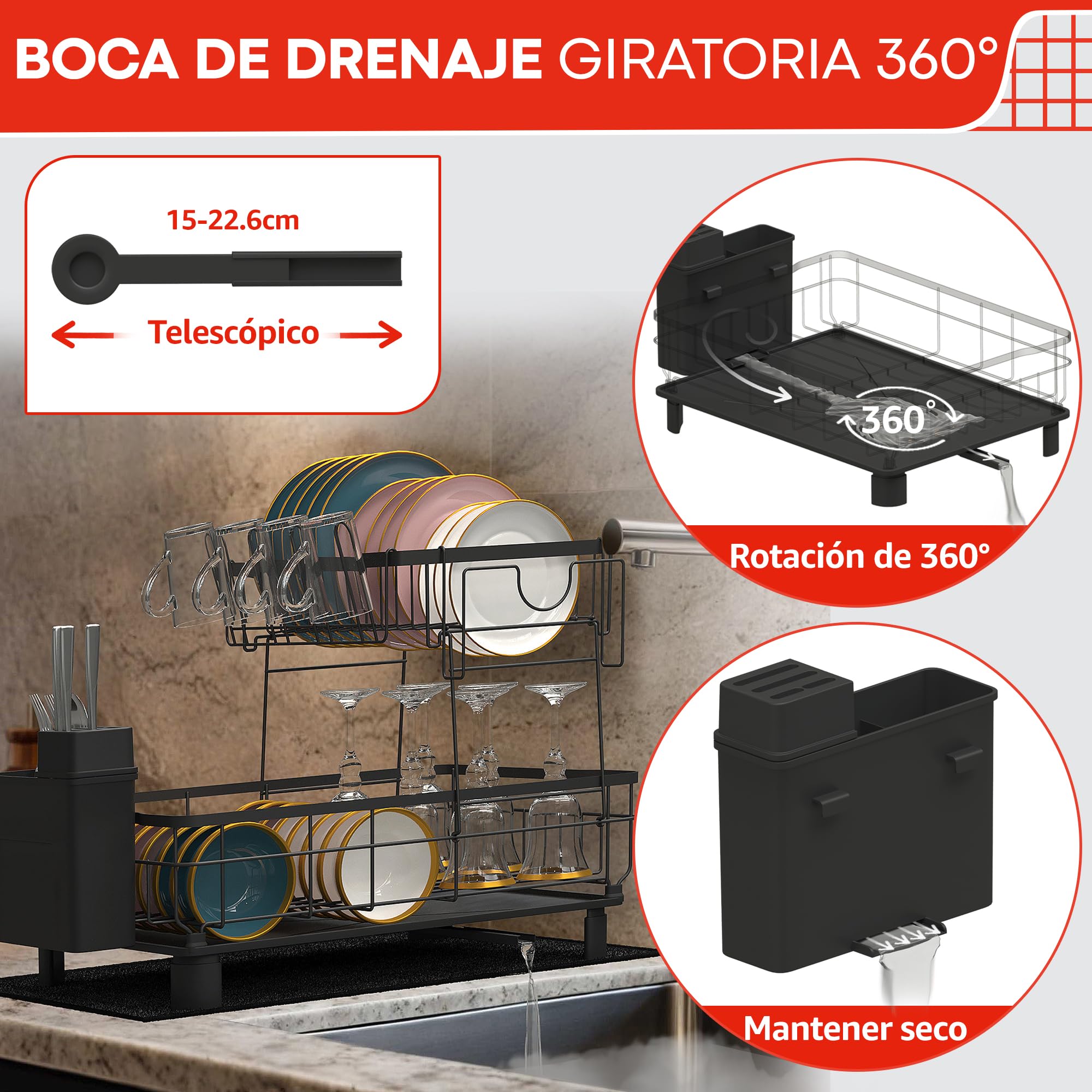 Escurreplatos sobre Fregadero - escurridor de Platos con Alfombrilla escurreplatos y Sistema de Drenaje automático a Fregadero - Fácil Limpieza y Montaje Sin Herramientas (2 Niveles)