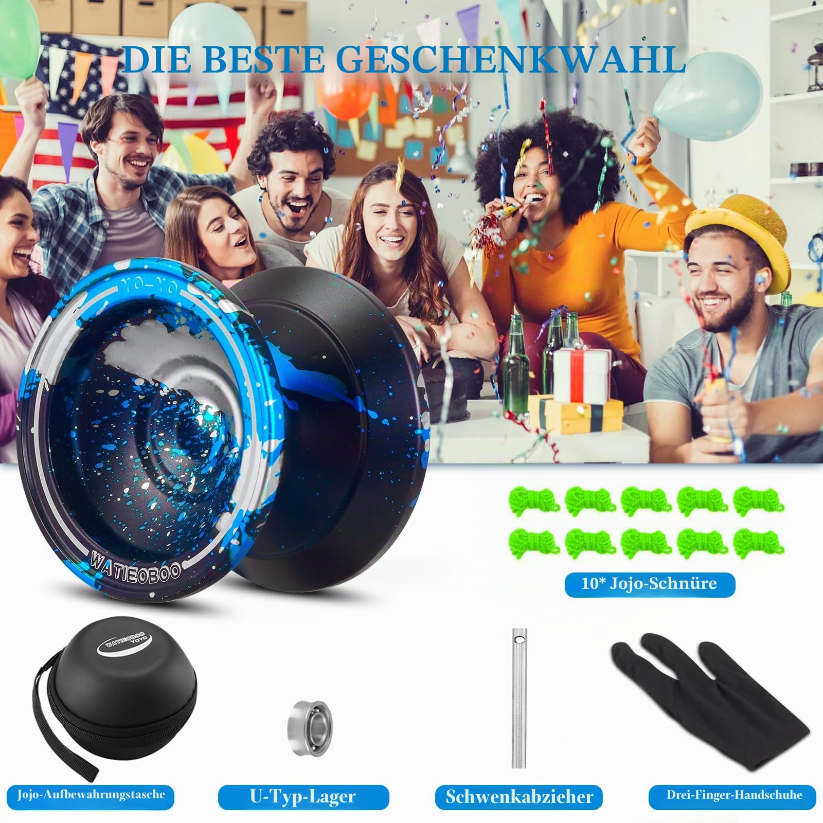 Profi-JoJo aus Metall, nicht reagierendes Stunt-Jo-Jo für Erwachsene, inklusive yoyo-Lager-Set, 10 yo-yo-Seile, JoJo-Box und Handschuhe