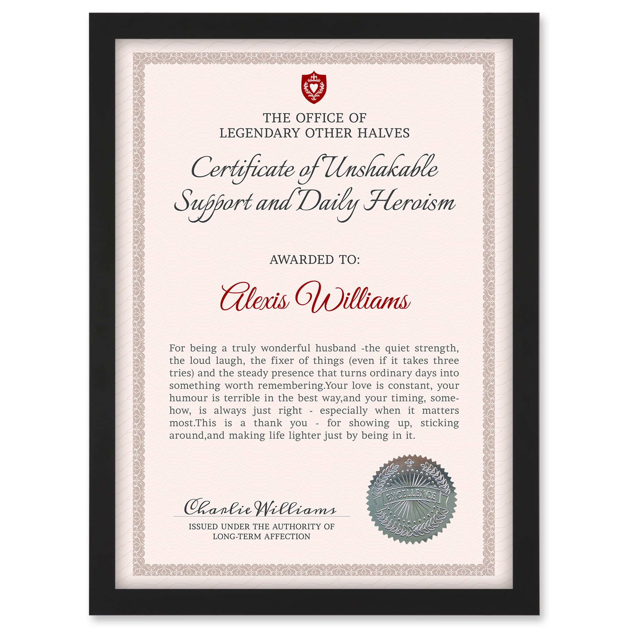 Artery8 Personalised Certificate Husband Legendary Other Half A4 Black Framed Diploma Novelty Award Thank You