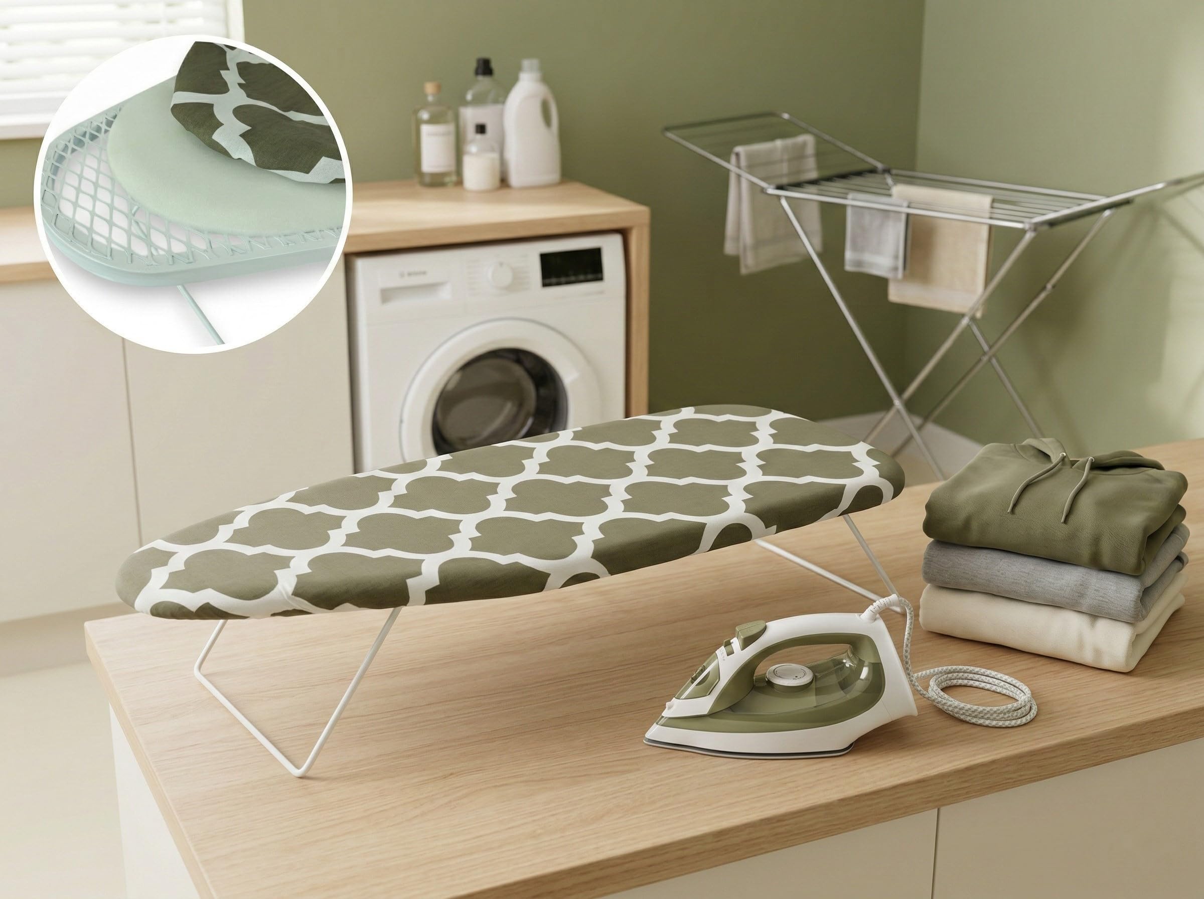 Nordiq - Tabla de Planchar Pequeña Plegable de Sobremesa | 75 x 34 cm | Mesa de Planchado de Ropa, Estructura Resistente, Ergonómica y Fácil de Guardar | Gancho para Colgar (Gris)