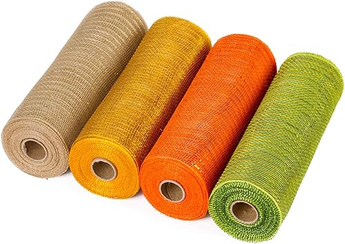 LaRibbons WSJM-AUTU4R-N - Cinta de malla decorativa de 10 pulgadas x 30 pies cada rollo de papel de aluminio metálico naranjaorocremaverde para