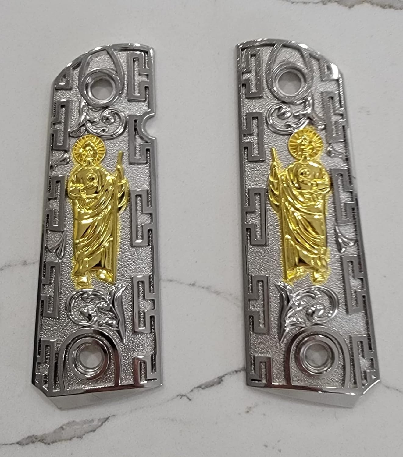 1911 Grips SAN Judas ST. Jude Full Size Grips Government Ambi Cut Nickel/Gold