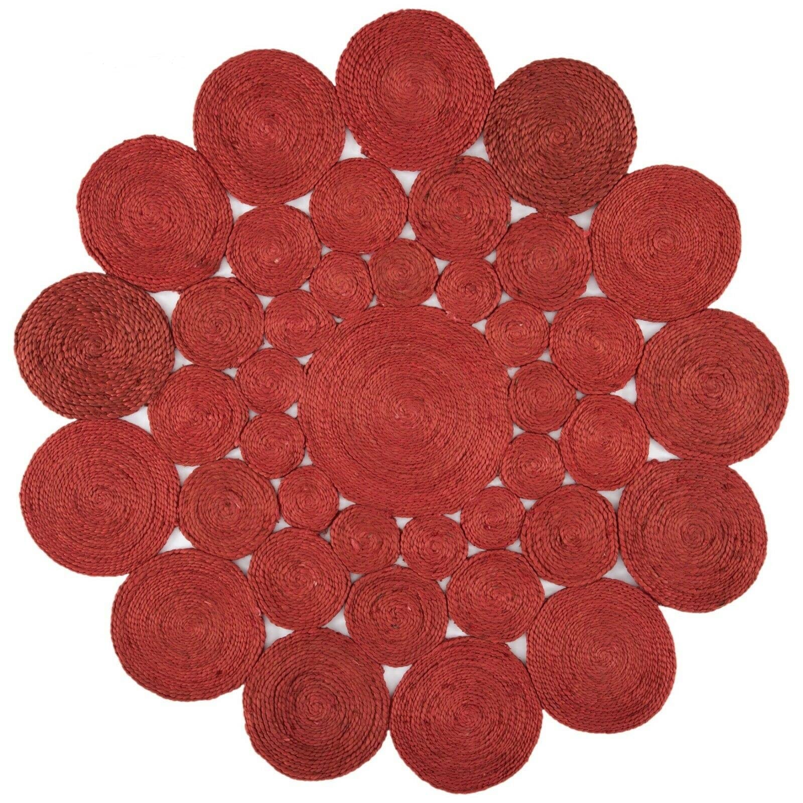 Tapis rond en jute naturelle tressé, fait à la main, pour salon, cuisine, intérieur et extérieur (150 x 150 cm, rouge)