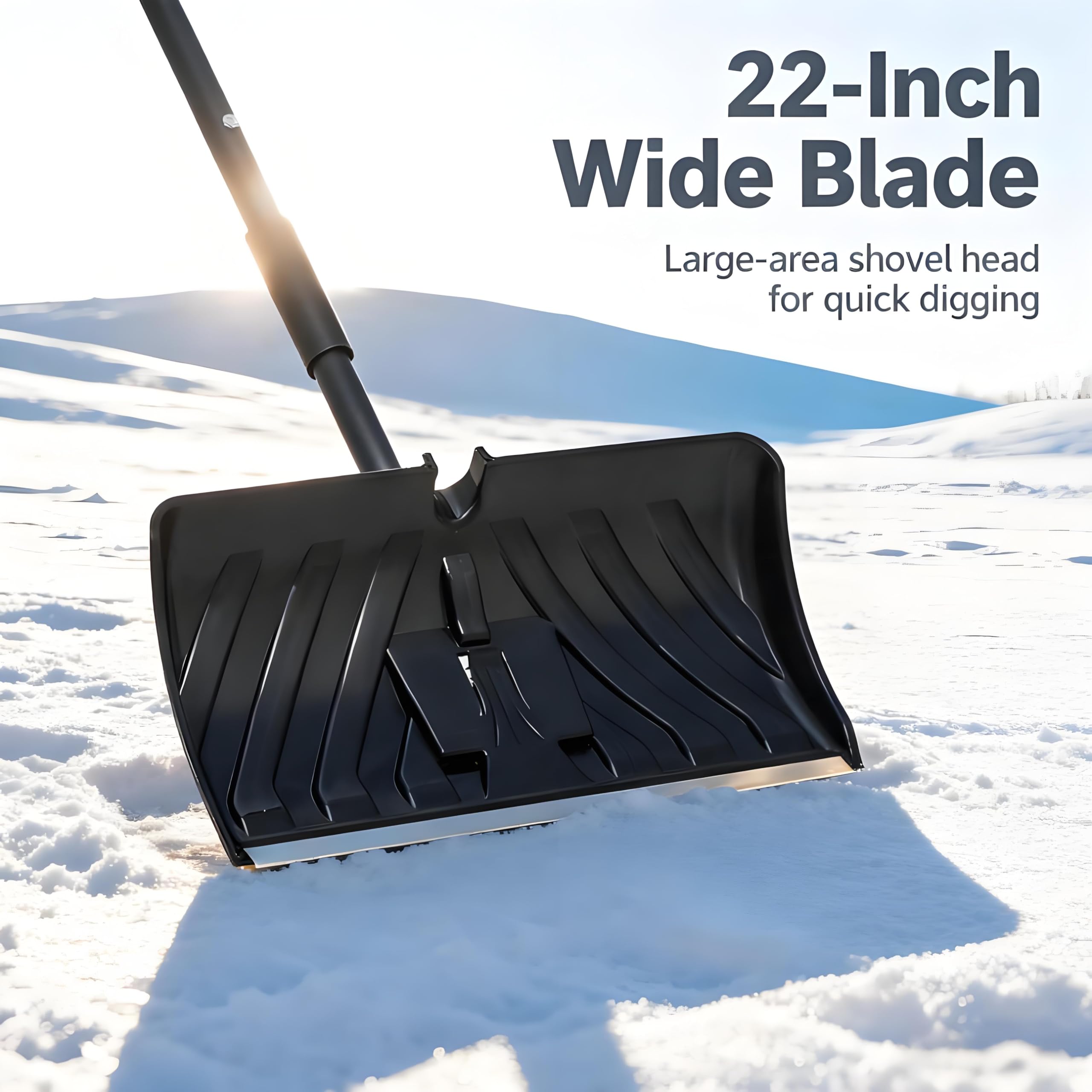 Magshion Combo de pala de nieve y empujador con mango en D, hoja de borde de aluminio de 22 pulgadas, pala de nieve portátil ligera de gran capacidad, color negro