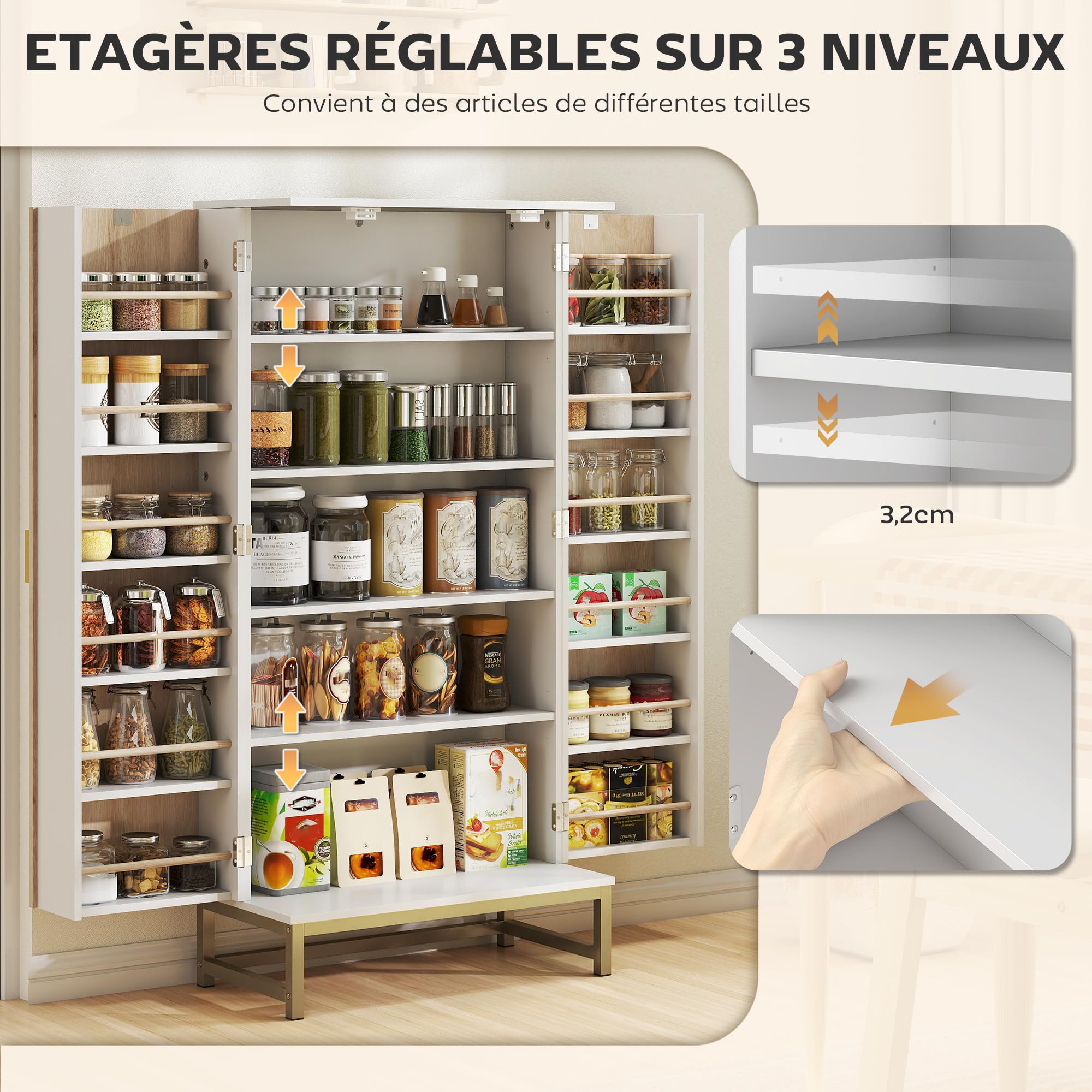 HOMCOM Buffet Cuisine Garde Manger 12 Étagères Portes 58x29x119,5cm Blanc | Meuble Cuisine Rangement, Vaisselier, Étagères Réglables, Double Porte à Lattes, pour Salle à Manger, Salon