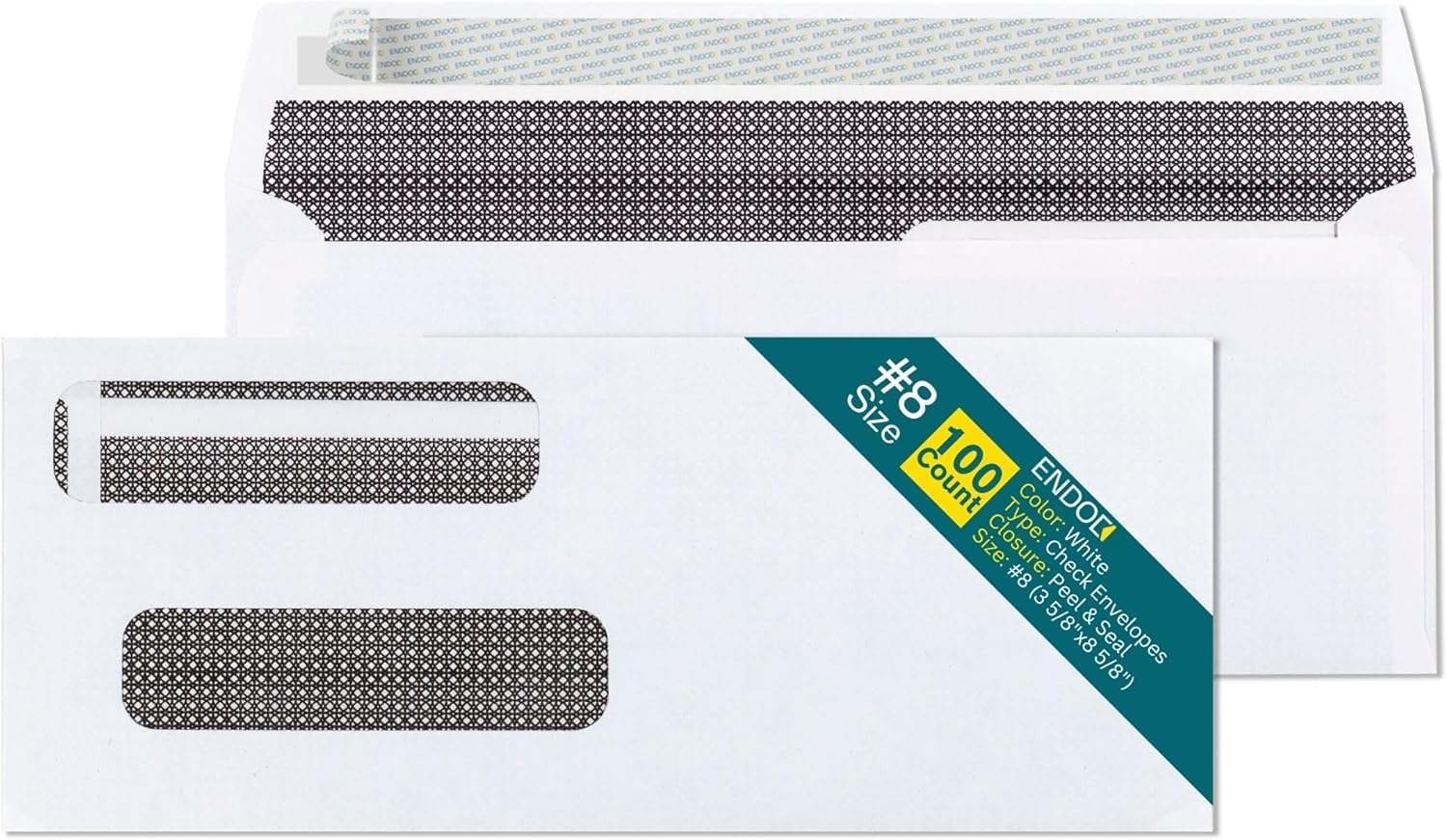 EnDoc #8 Double Window Envelopes Self Seal - Security Check Envelopes - 100 Count - 8 5/8 x 3 9/16 Inches - Designed for QuickBooks Checks, Computer Printed Checks - Privacy Tinted Business Envelopes