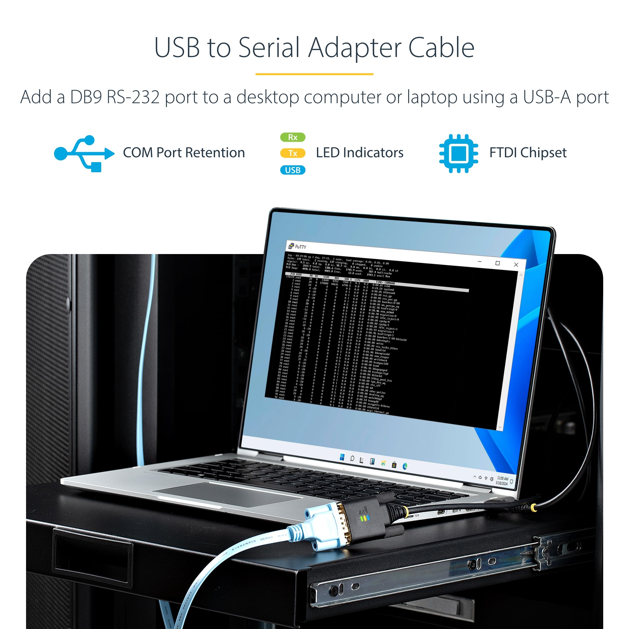 StarTech Cavo USB a Seriale Null Modem RS232 DB9 1m con Chip FTDI, Retention COM, Indicatori LED, Viti e Dadi DB9 Intercambiabili