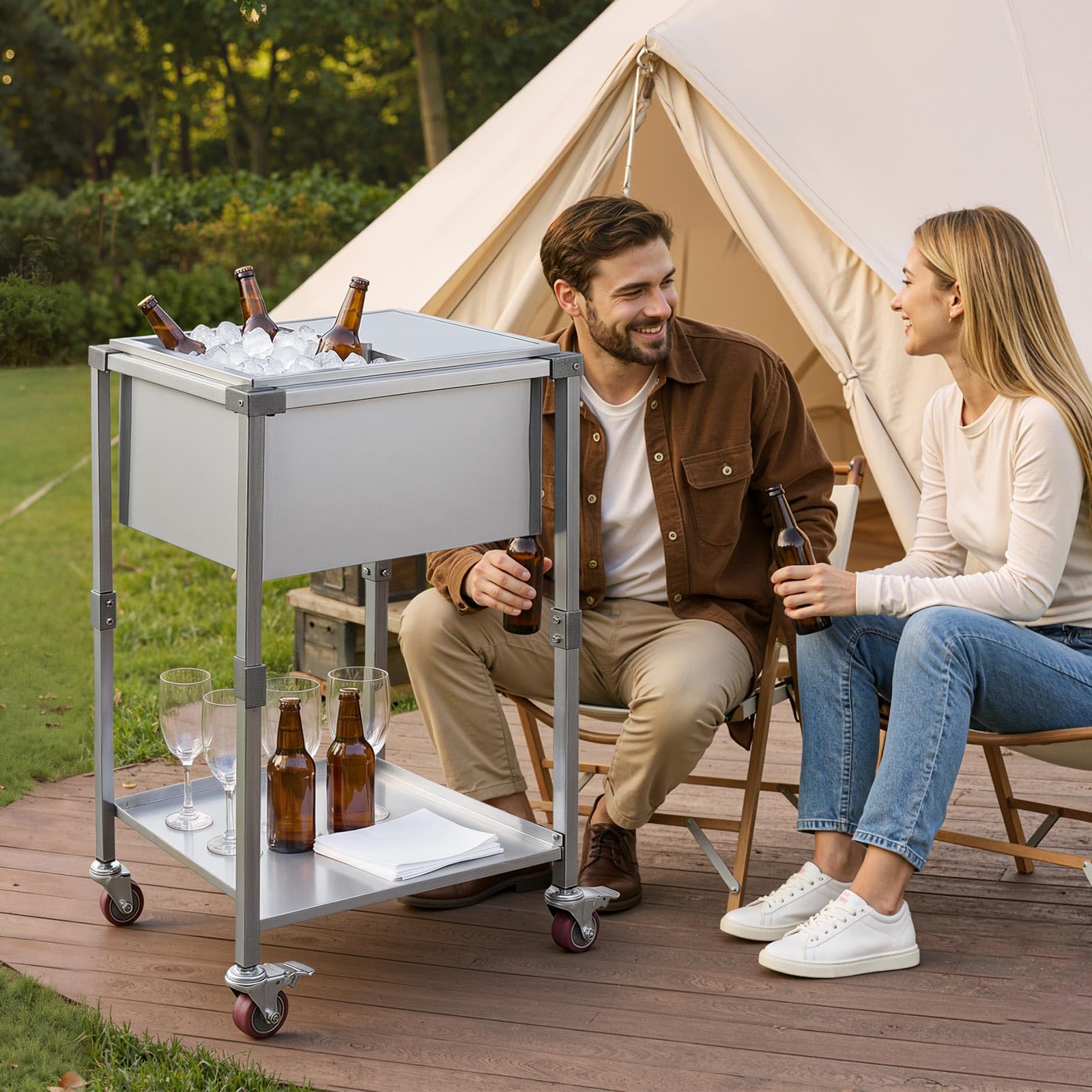 VEVOR Glacière à roulettes 42,4 L Refroidisseur de Boissons Mobile en INOX, pour Terrasse Restaurant Fête, Isolation Longue Durée sans Électricité, Desserte-glacière Passive Extérieur, Kit de Vidange