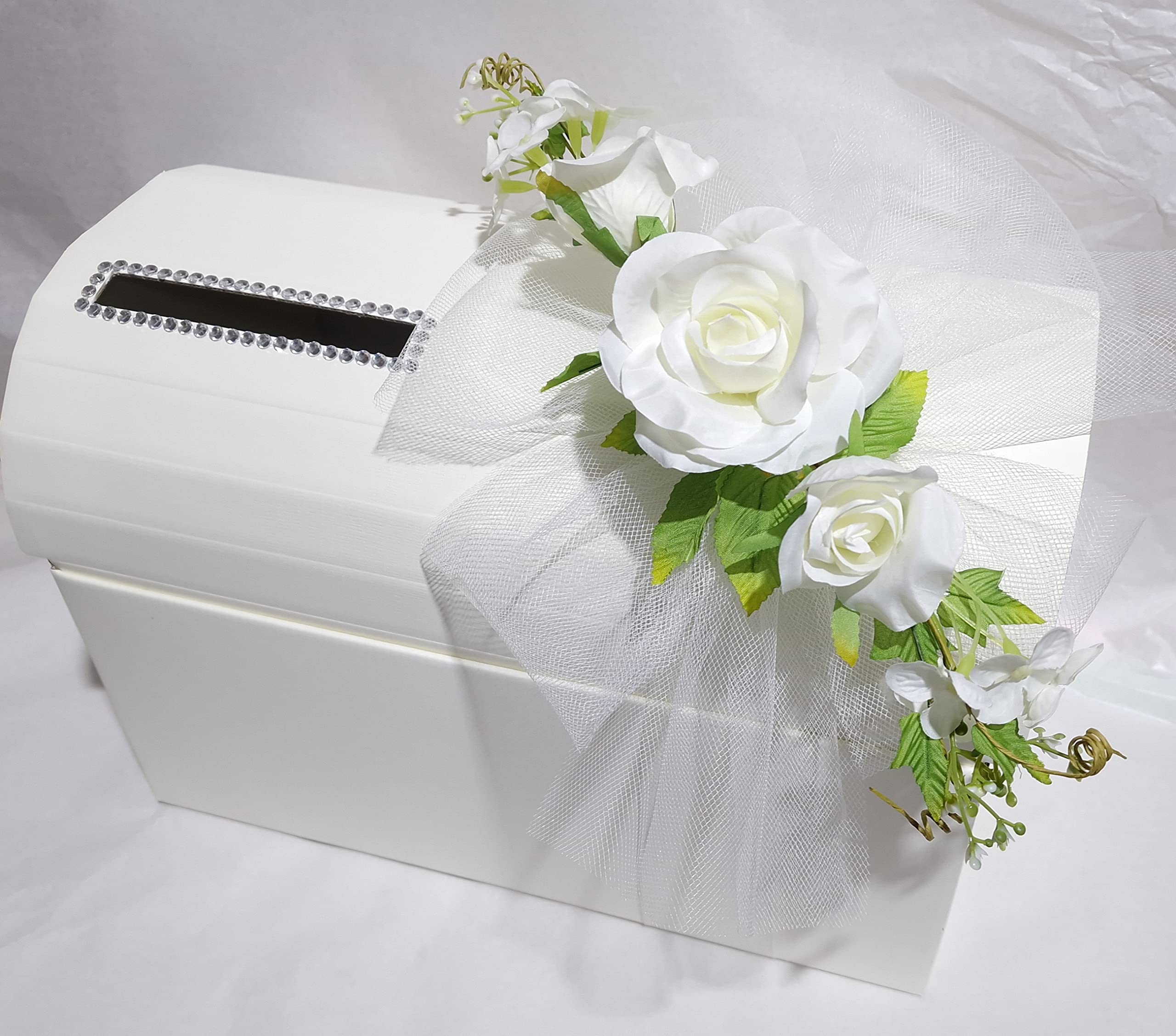 1 pz Baule Scatola Porta Buste Matrimonio Nozze Seta Avorio con Foro Strass Tulle e Fiori Bianchi 38x23x25 cm Wedding Box Elegante Porta Auguri Bomboniera Ricevimento Matrimonio 2026