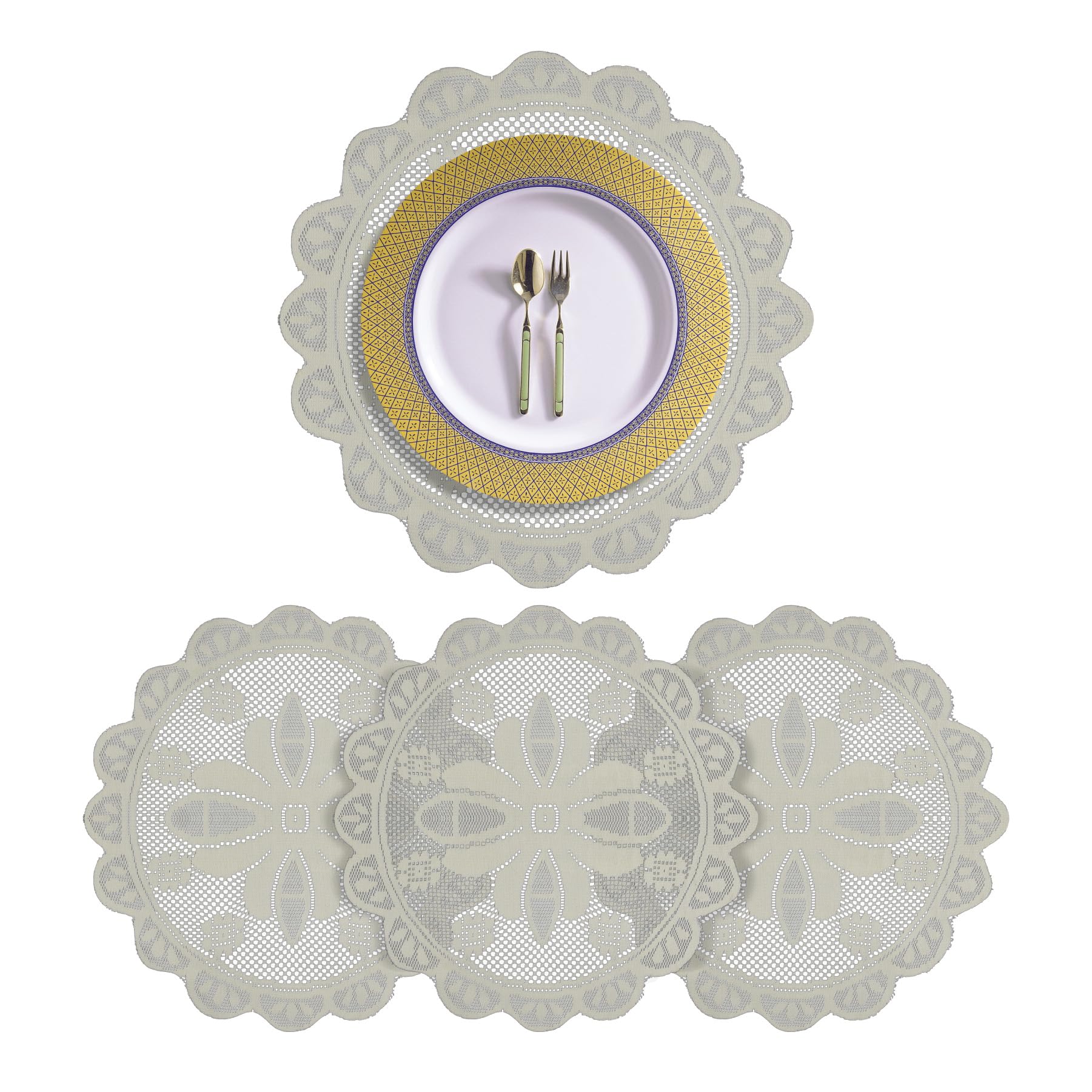 Kuber Industries Placemat | Dining Table Placemat | Round Plain Net Placemat Set | Side Table Placemats | 20 Inch | Pack of 4 | Light Cream