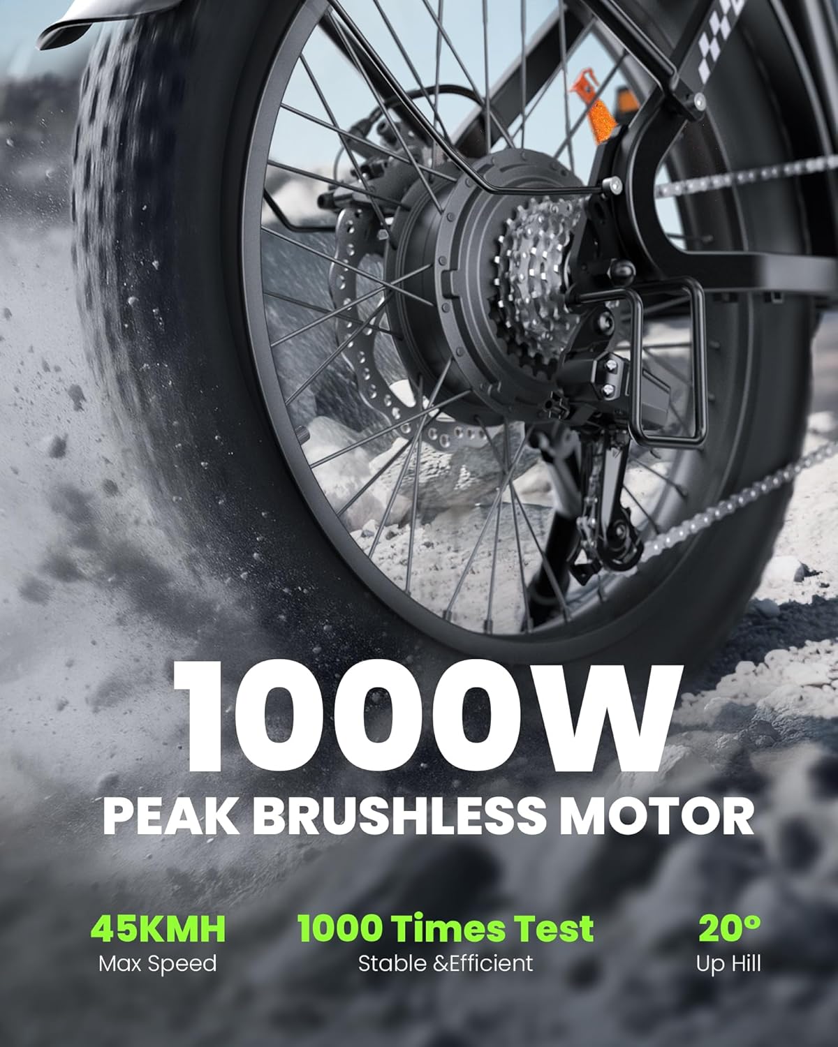 Close-up of the Isinwheel U8/U8 Pro Electric Bike's rear wheel, showing the 1000W peak brushless motor, 7-speed cassette, and disc brake rotor.