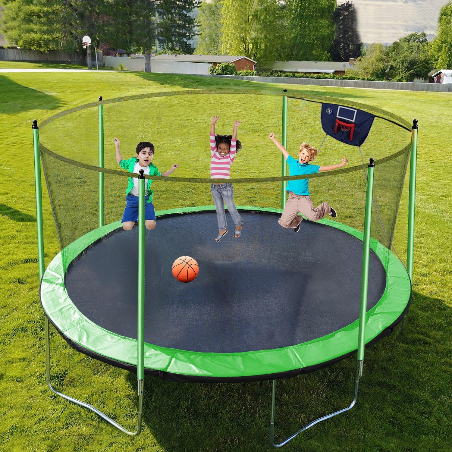 1500LBS 10FT 12FT 14FT 15FT 16FT Trampoline with LED Lights, Sprinkler, Music Speaker and Socks, ASTM Approved Outdoor Trampoline for Kids and Adults, Backyard Trampolines with Net Enclosure