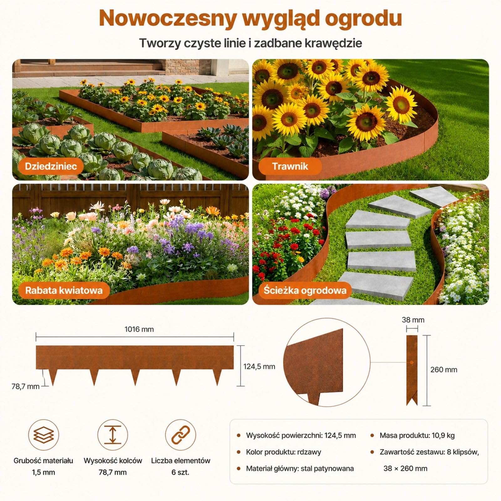 Zestaw 6 obrzeży ogrodowych ze stali, metalowa krawędź z palikami do trawnika, podwórka i ogrodu