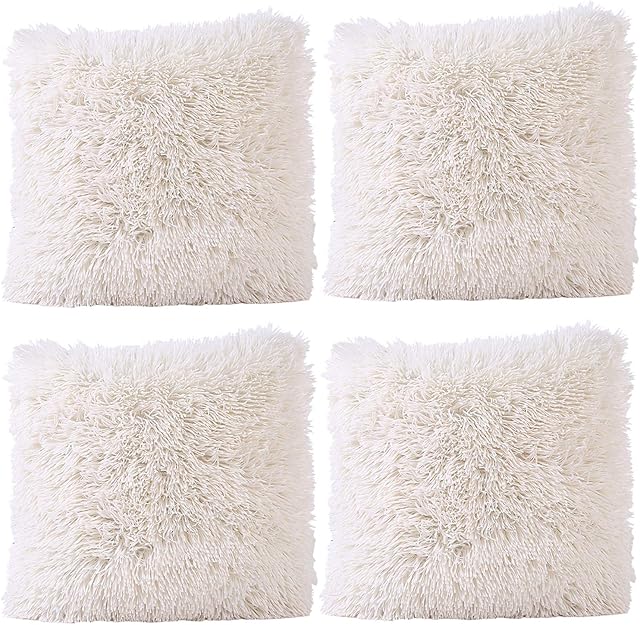 JOTOM Soft Solid Color Cushion Covers Waist Pillow Throw Case Square Pillow Cover for Car Seat Home Sofa Decor 43x43cm,Set of 4(Plush|Beige)