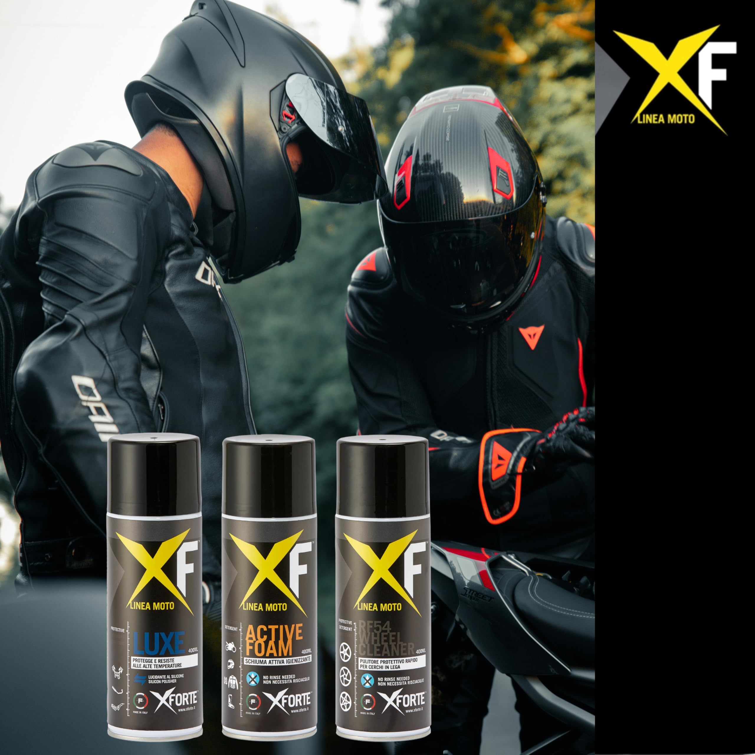 Kit Pulizia Moto Completo XFORTE – Pulizia Senza Acqua con Detergenti Professionali e 9 Panni F-CLEAN EVO Tecnico Inclusi, Ideale per Catena, Freni, Cerchi e Superfici Brillanti