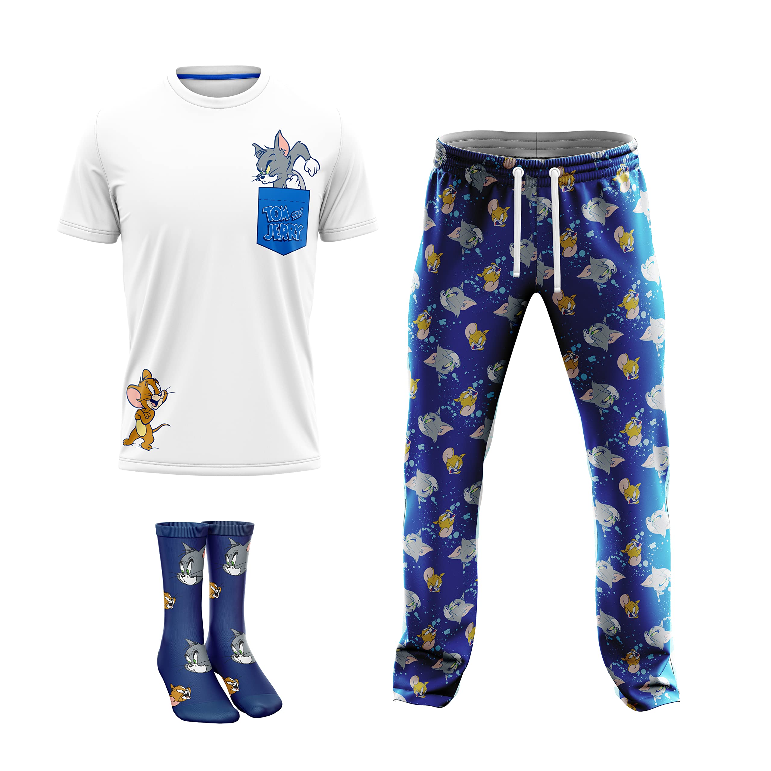 Tom and Jerry mens Lounge Set in Giftable Box Includes T-shirt, Comfy Lounge Pants and Socks in Sizes S-m-l-xlLounge Set