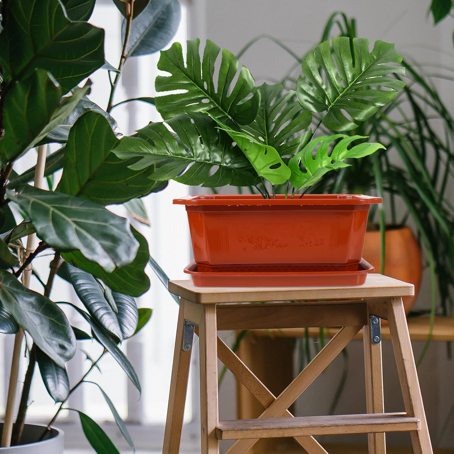 Oval Large Planter Bowl with Tray 2pcs Plastic Indoor Flower Pots Bonsai Planter Pot for Garden Balcony Patio Planting and Flower Cultivation