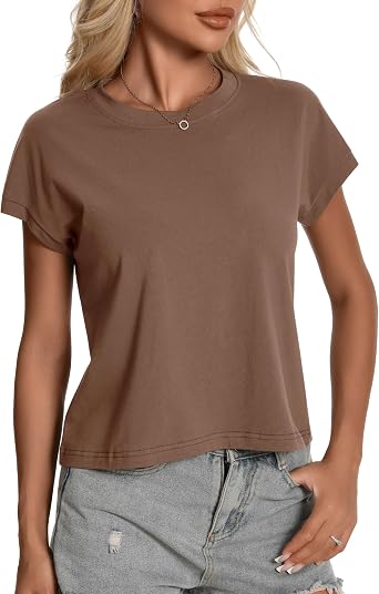 Trendy Crewneck Cap Sleeve Cotton Loose Pullover Casual Womens Summer Tops