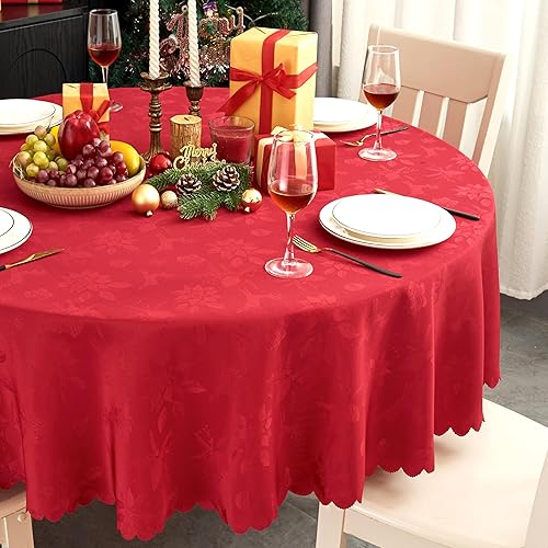 Miniatura 80 de Mantel Redondo Dorado Mantel de Mesa con Patrón de Hojas Borde Festoneado Sedoso Suave Impermeable Lavable 50 Pulgadas Cubierta de Mesa de Tela