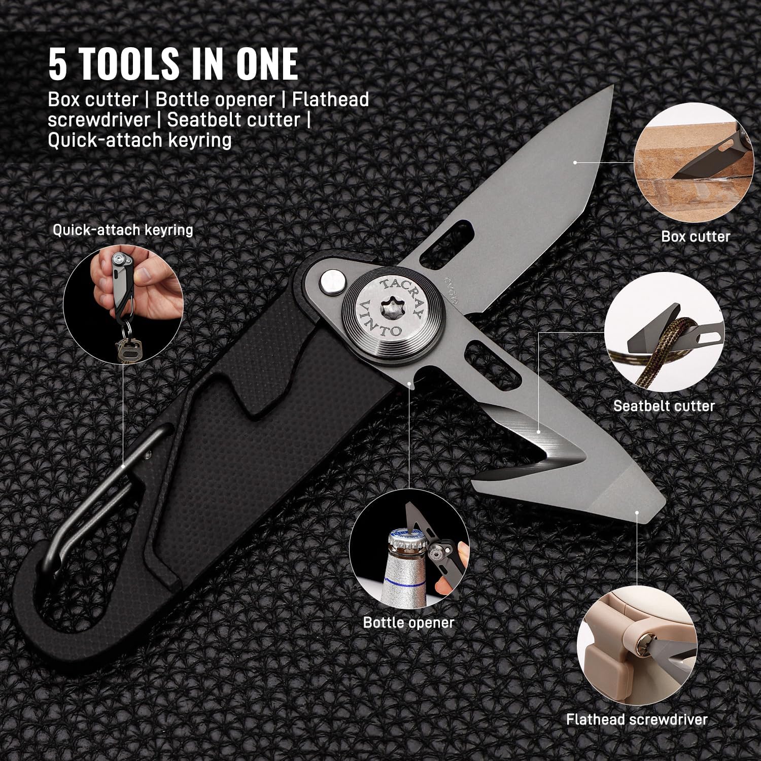 TACRAY Vinto 5-in-1 Small Pocket Knife – Ultra-Light Compact Multitool with Utility Knife, Seatbelt Cutter, Bottle Opener, Flathead Screwdriver & Keyring Attachment for Everyday Carry (Black)
