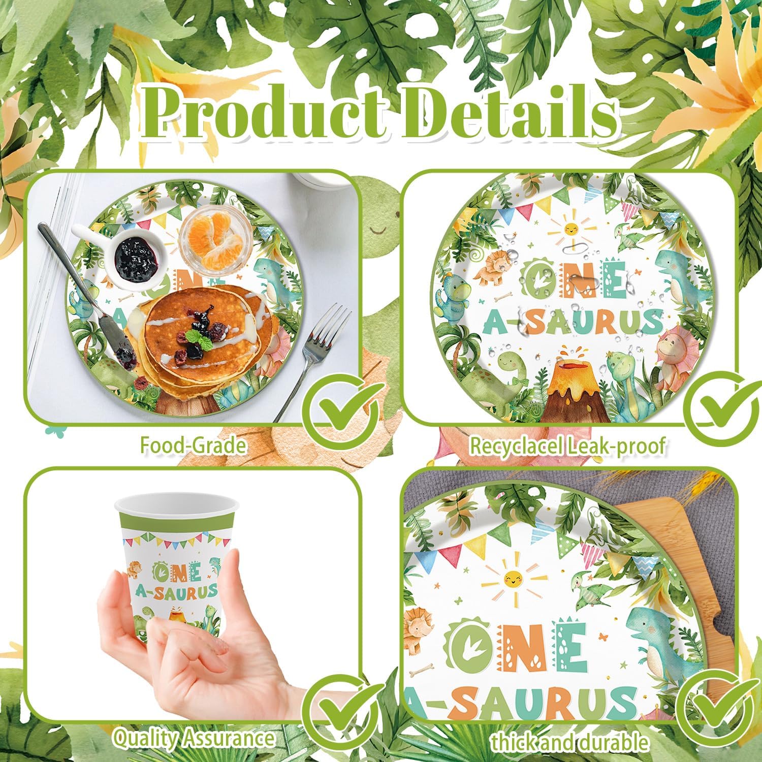 193Pcs Watercolor One A Saurus Dinosaur Disposable Tableware Set Dinosaur Theme 1st Birthday Party Decorations Banner Plates, Napkins, Cup Tablecloth, for Boy Birthday Decorations Serves 24 - Image 4