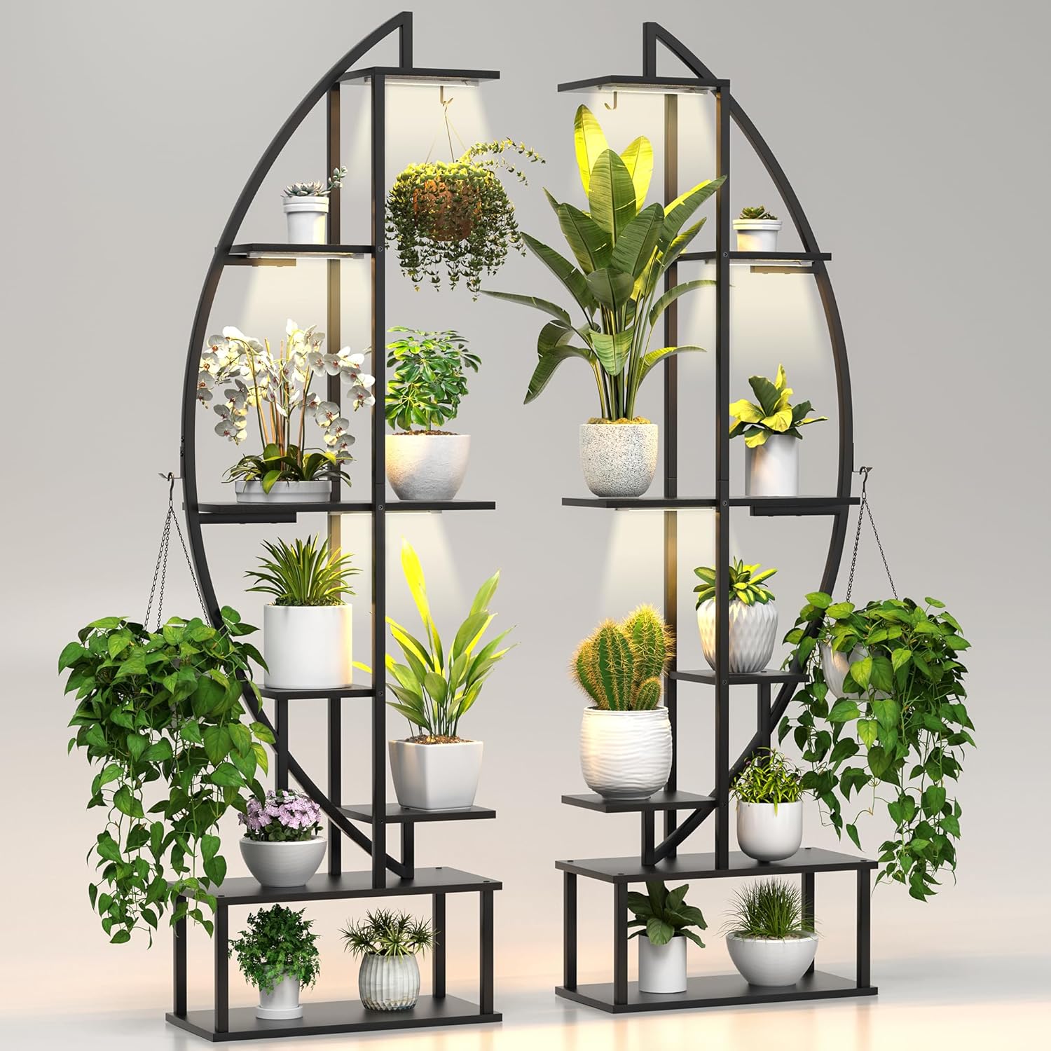 Plant Stand Shelf Rack Indoor with 6 Built in Grow Light, 7 Tiered 65" Tall Black Large Lighted Half Moon Curved Plant Stand for Indoor Growing, 2 Pack Arch Sturdy High Herb Flower Shelving