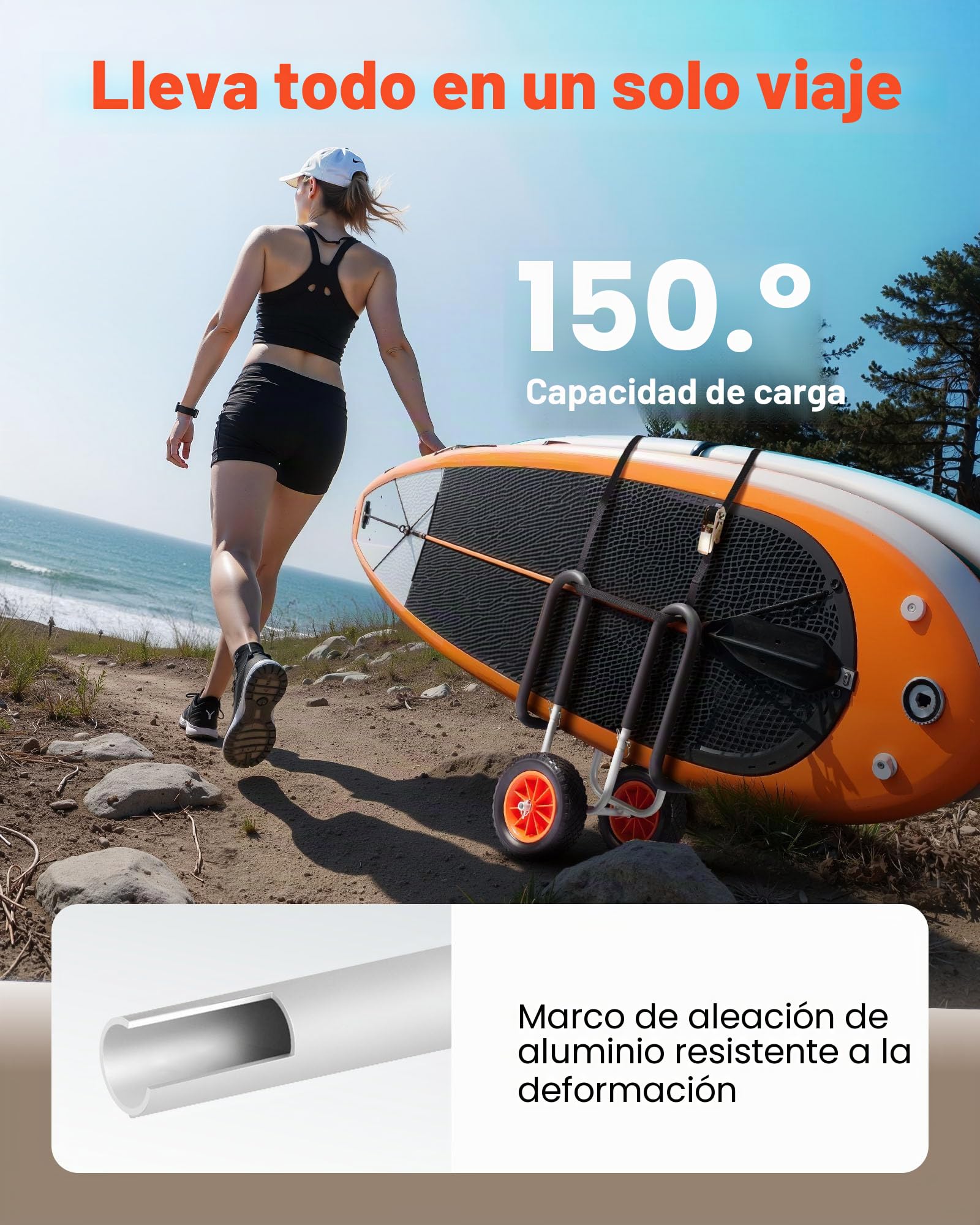 VEVOR Remolque Vertical para Kayak, Remolque de Kayak 520 x 500 x 680 mm con Neumáticos de Goma Maciza de 25,4 cm y Soportes Carga de 68 kg, Carrito para Tabla de Surf de Remo, Kayaks, Canoas