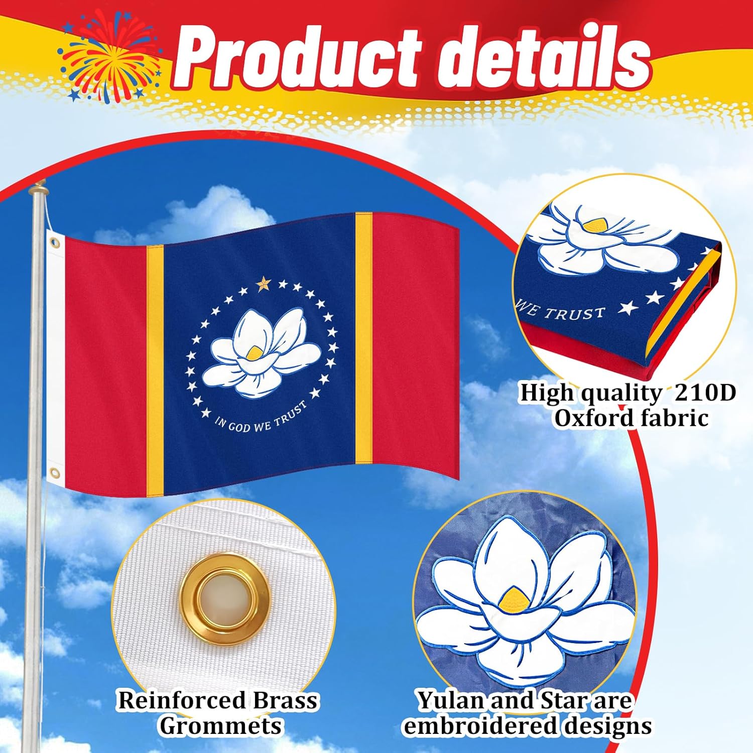 Mississippi Flag 3x5 FT Outdoor, Double Sided Heavy Duty 210D Polyester Fabric, Embroidered Magnolia & Stars and 4 Rows Stitching Fly Ends with 2 Brass Grommets | State of Mississippi MS Flag for Indoor - Image 3