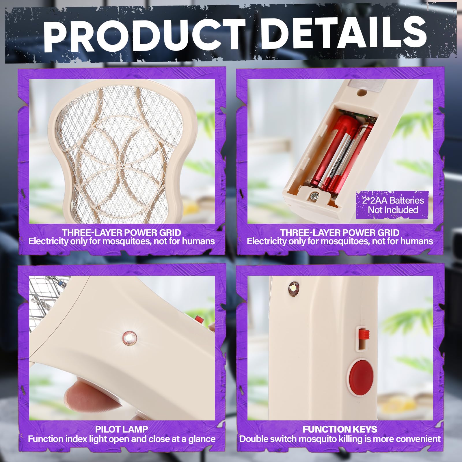 Lot de 3 tapettes à mouches électriques 3 000 V - Mini tapette à mouches portable - Zapper anti-moustiques avec 2 couches de sécurité en maille pour intérieur et extérieur - Placement de