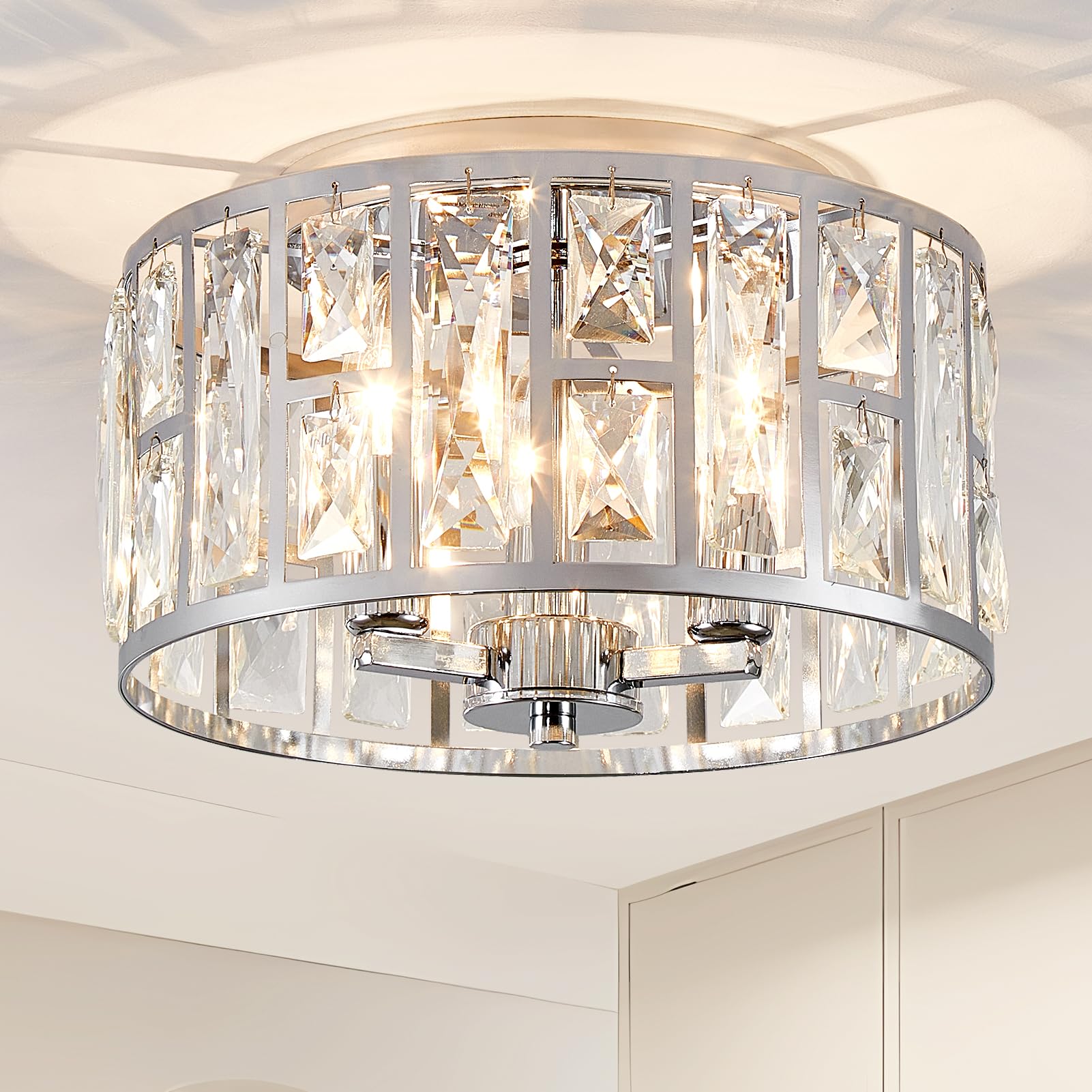 HARPER LIVING 3-Light Flush Ceiling Lights, Crystal Ceiling Lamp Chrome Finish, 3xE14 Cap Type (No Bulbs), 30cm Modern Chandelier Lighting for Bedroom, Kitchen, Hallway, Dining Room