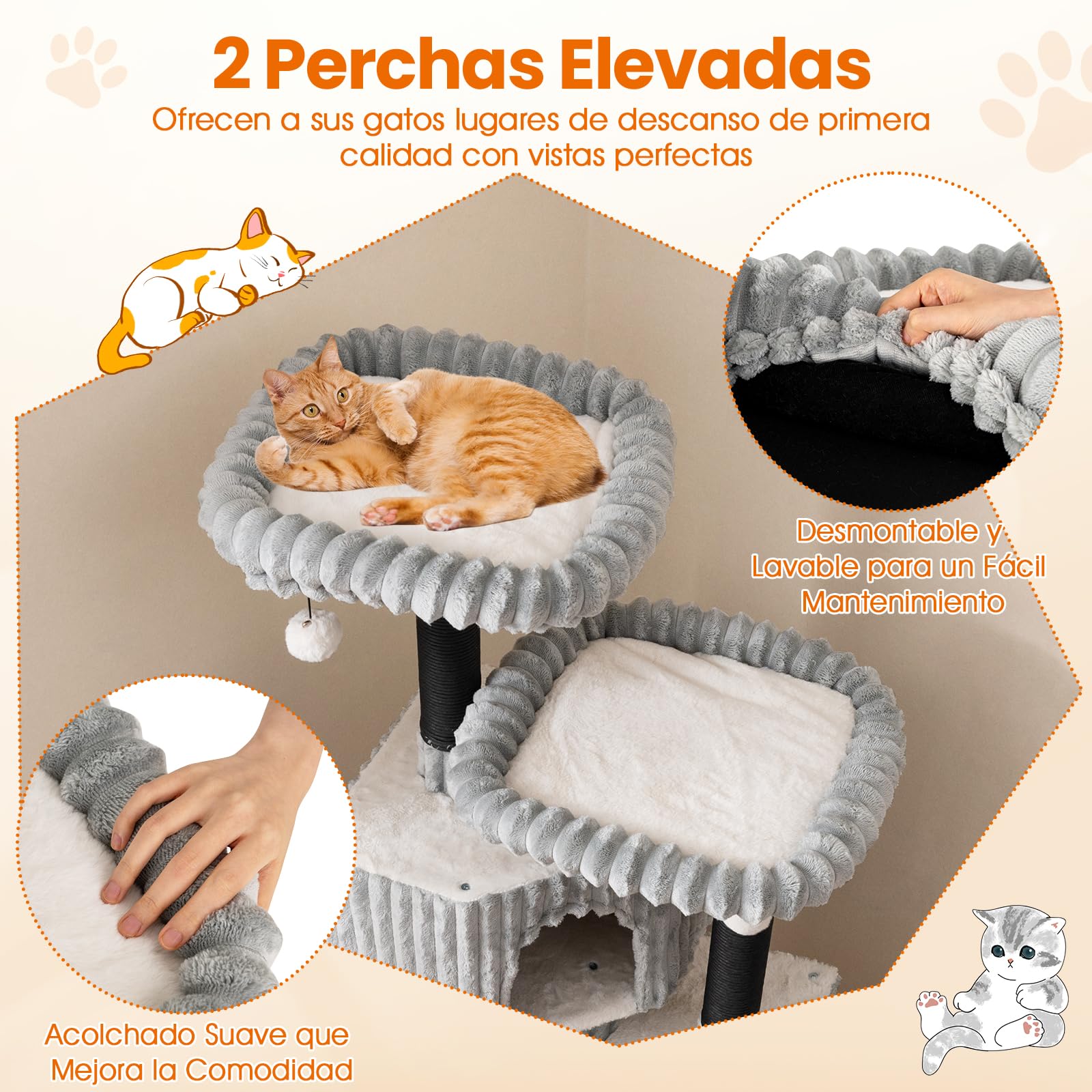 GOPLUS Árbol Rascador para Gatos de Varios Niveles, Torre para Gatitos de Interior con 2 Camas, 2 Posaderos, Postes Rascadores y Superficie de Peluche, Centro de Actividades para Gatos con 2 Pompones