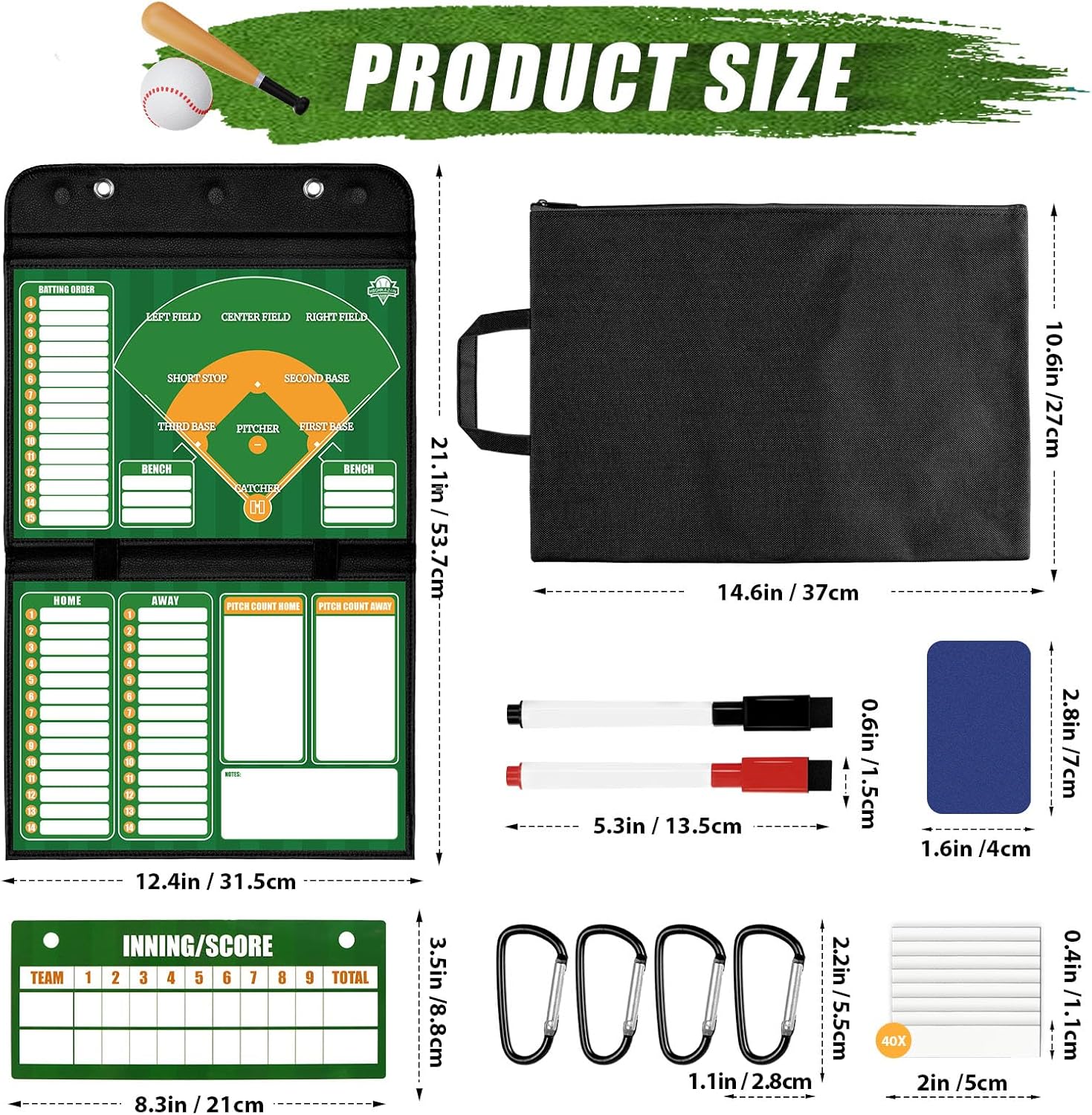 Magnetic Baseball Lineup Board - Collapsible Professional Softball & Baseball Coach Clipboard for Dugout, Leather Cover, 40 Lineup Cards, Markers & Eraser, Tactical Planning for Training & Games