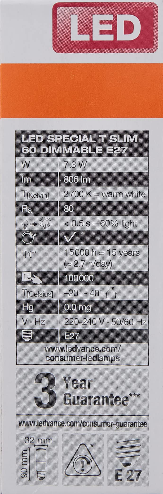 Osram LED Superstar Special T SLIM, Dimmbare schlanke LED-Spezial Lampe, E27 Sockel, Warmweiß (2700K), Ersatz für herkömmliche 60W-Leuchtmittel, 6 Stück (1er Pack)