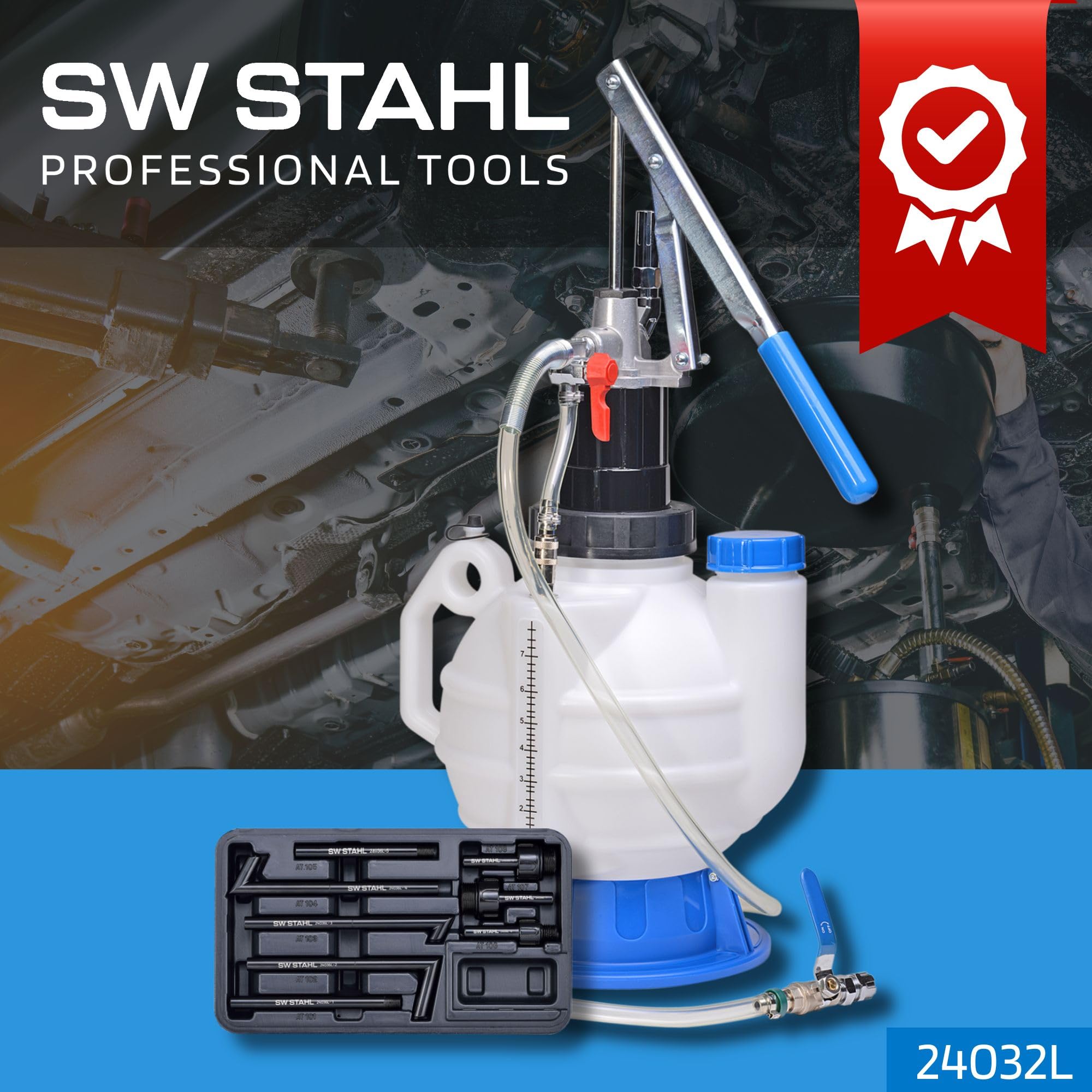 SW-Stahl 24032L Zestaw do Napełniania Oleju Przekładniowego, 7.5 l | Pompa do wymiany oleju w skrzyni biegów, 11-częściowy komplet z 8 adapterami, do serwisu olejowego silnika i przekładni