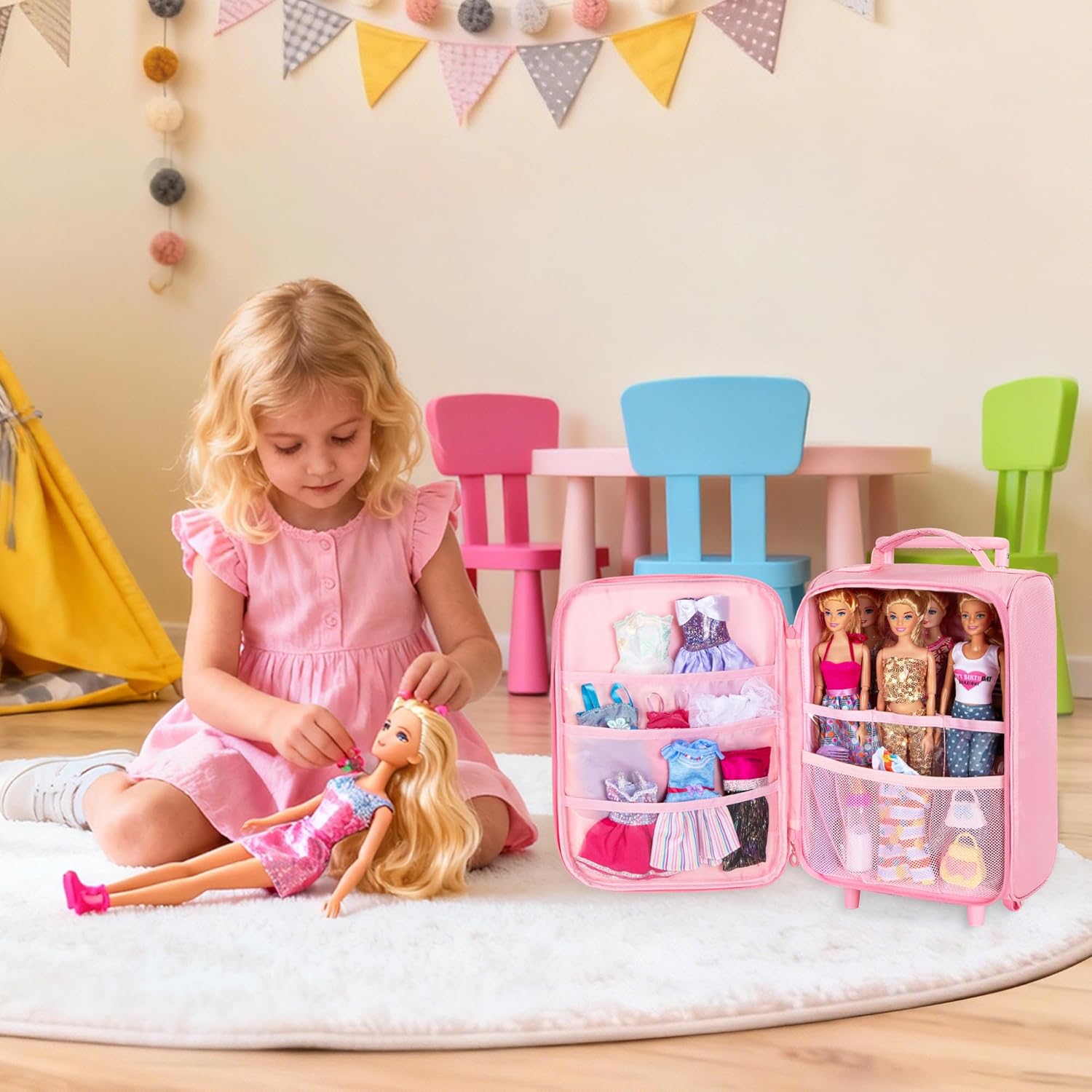 Travel Rolling Suitcase Compatible with Barbie Dolls 12-Inch Holds up to 6 Dolls, Storage Luggage Backpack with Wheels and Handle, Multiple Pockets for Doll’s Clothes, Accessories, Pink, Bag Only