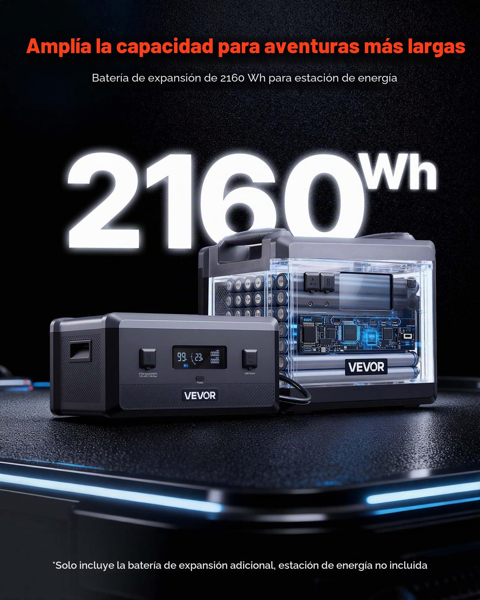 VEVOR Batería Portátil de Expansión Adicional LiFePO4 de 2160 Wh, con 3 Puertos de Salida para Uso Doméstico, Camping, Viajes, Autocaravanas y Emergencias, 387 x 270 x 196 mm, Color Negro y Gris