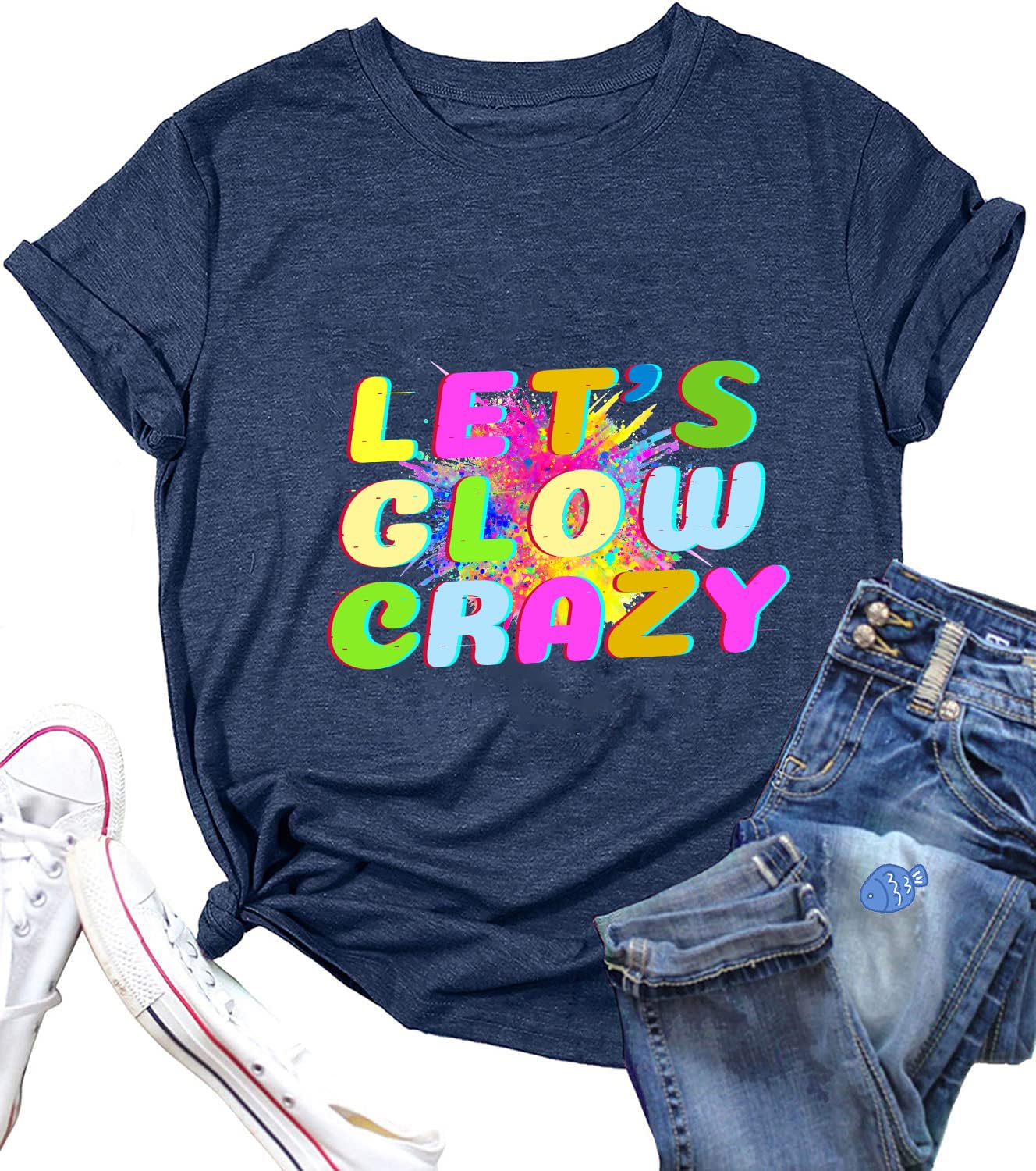 PingyongchangLet's Glow Crazy Long-Sleeve Shirt for Women 80 90's Vintage Shirt Graphic Top （print letters don't glow）