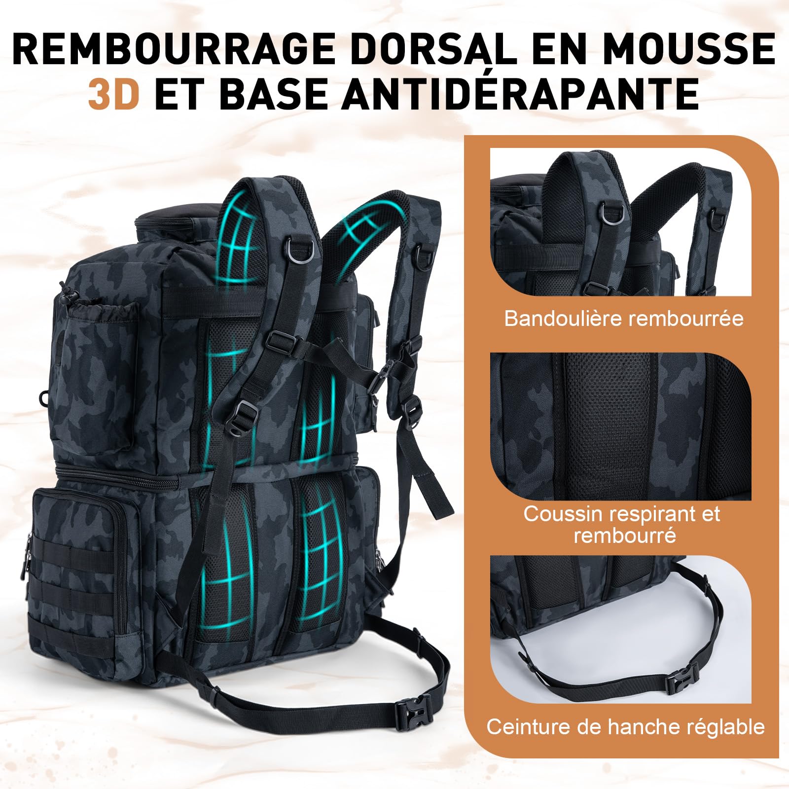 Goture 45 L Bolsa de pesca Espalda Flexible y resistente al agua, viene con dos soportes para cañas y una funda de lluvia con cuatro cajas de cebo y 8 bolsillos para cebo regalos de pesca para hombres