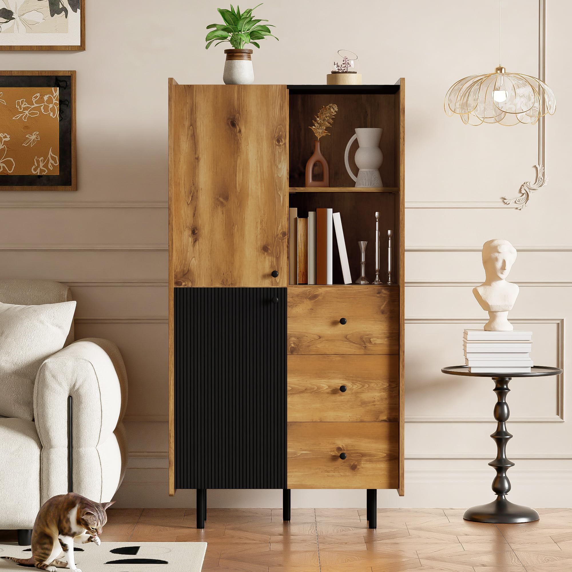 Credenza - altezza 160 cm, moderna credenza con due ante, TRE cassetti e scaffali aperti