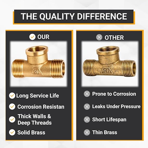Brass Pipe Tee 1/2 Male x 1/2Female x1/2 Male for Plumbing Connections, Garden Pipe Connection