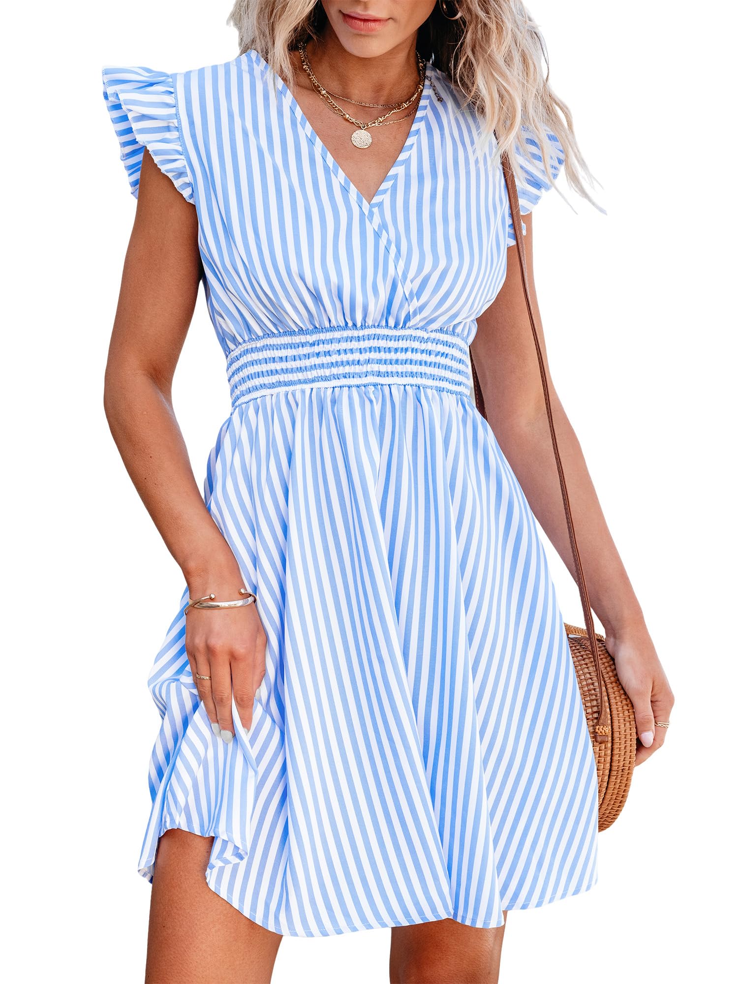 CUPSHE Mini abito da donna con scollo a V, maniche svolazzanti, a righe e punto smock in vita, abito corto estivo da cocktail