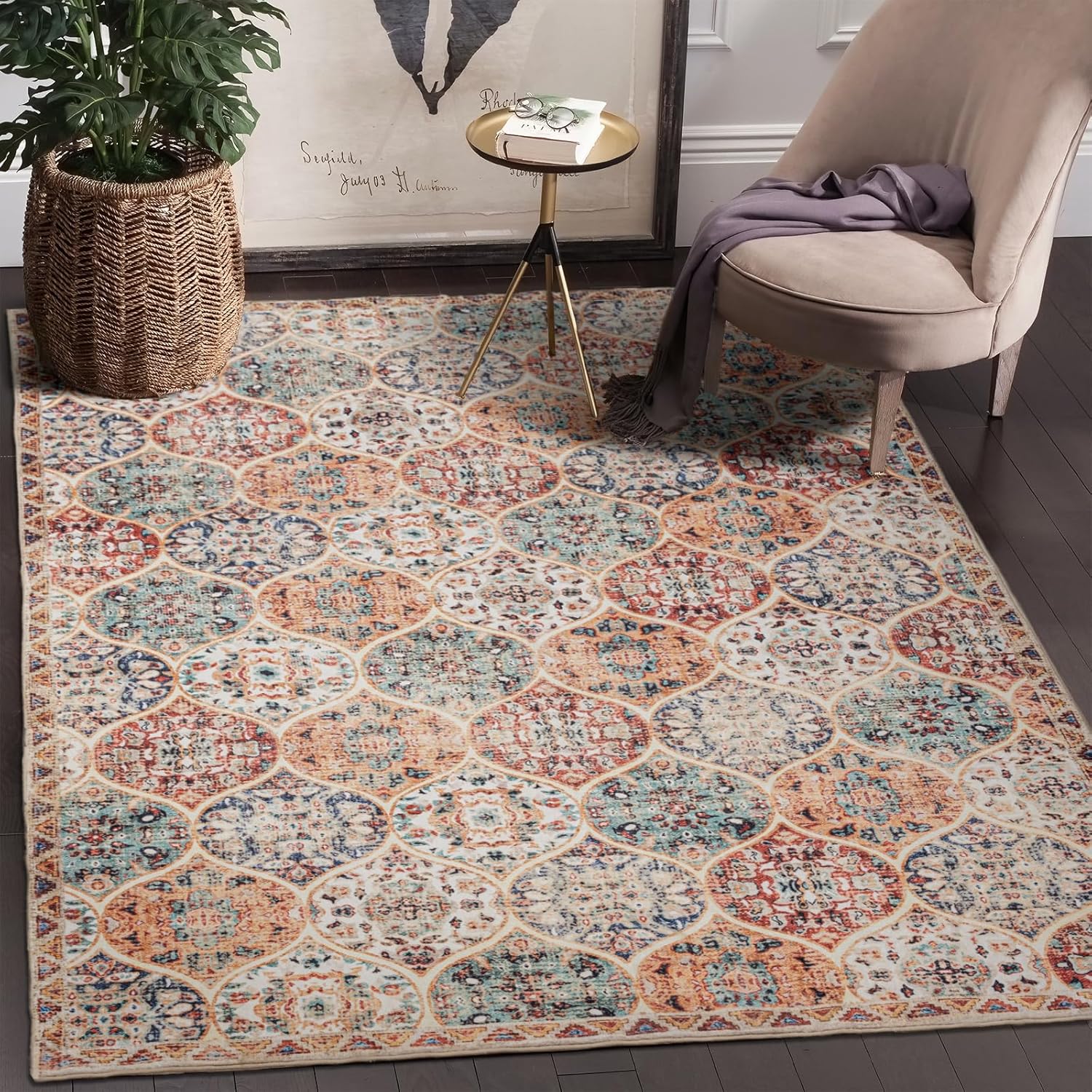 Area Rug 8×10, Large Vintage Boho Rug,Ultra-Soft Low Pile, Washable, Non Slip,Stain Resistant, Printed Carpet for Living Room Bedrooms Playroom Office Kitchen, Beige/Red