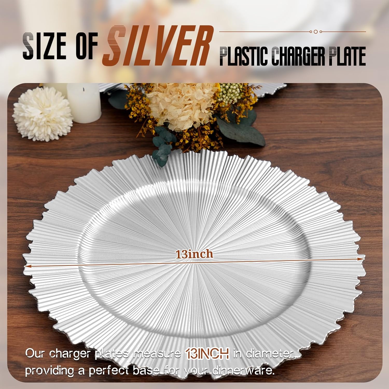 Silver Charger Plates Bulk 10Pcs - 13" Elegant Silver Chargers for Dinner Plates, Wedding & Event Decorative Charger Plates Set（Fluted Edge）